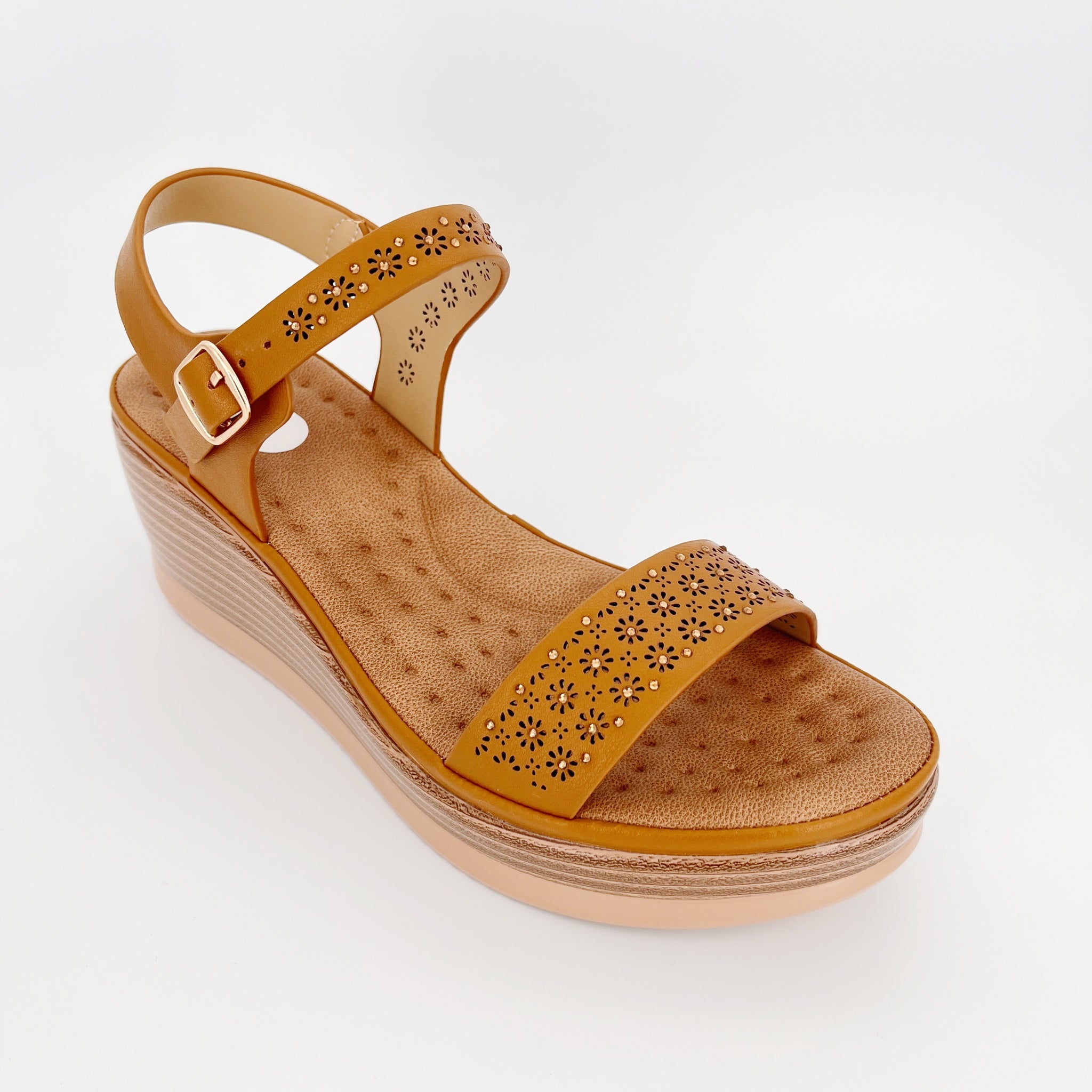 ZC Women's Floral Cutout Crystal-Dot Single-Band Wedge Sandals – Wholesale | Comfort Fit | Multi-Color Options