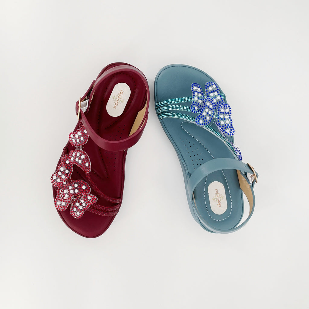 ZC Girls' Triple Butterfly Crystal Three-Band Flat Sandals – Wholesale | Comfort Fit | Anti-Slip | Multi-Color Options