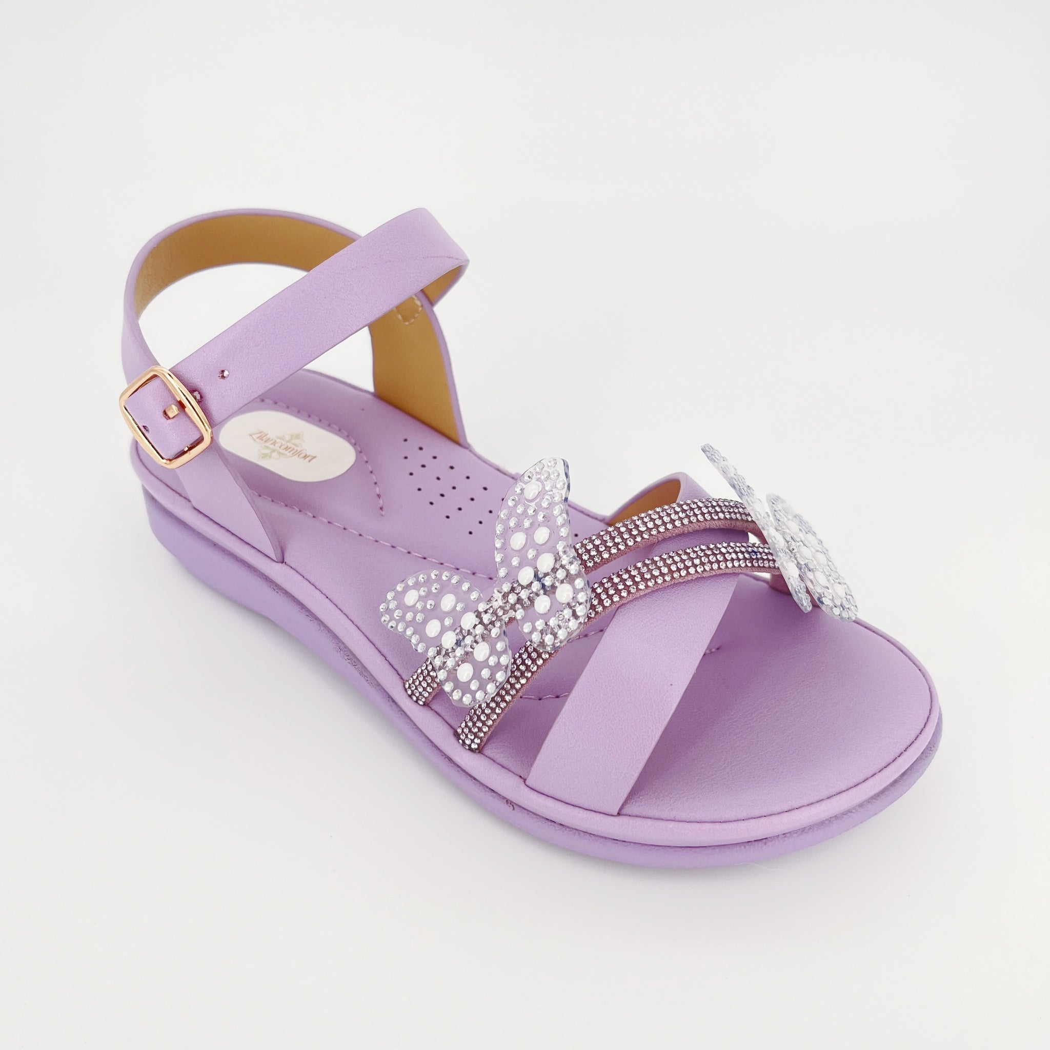 ZC Girls' Double Butterfly Crystal Dual-Band Flat Sandals – Wholesale | Comfort Fit | Anti-Slip | Multi-Color Options