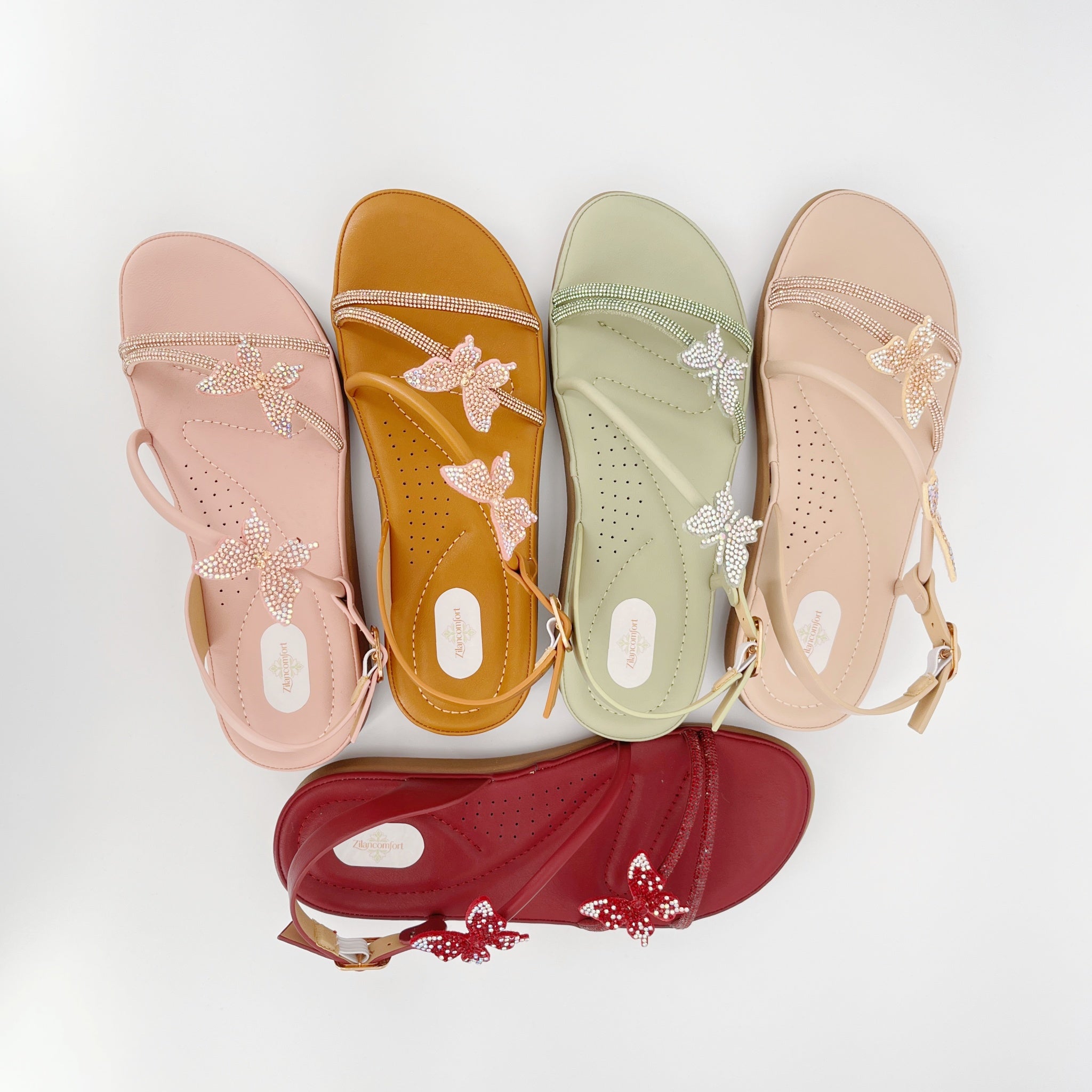 ZC Women's Dual Butterfly AB Crystal Twin-Band Toe-Ring Flat Sandals – Wholesale | Comfort Fit | Anti-Slip | Multi-Color Options