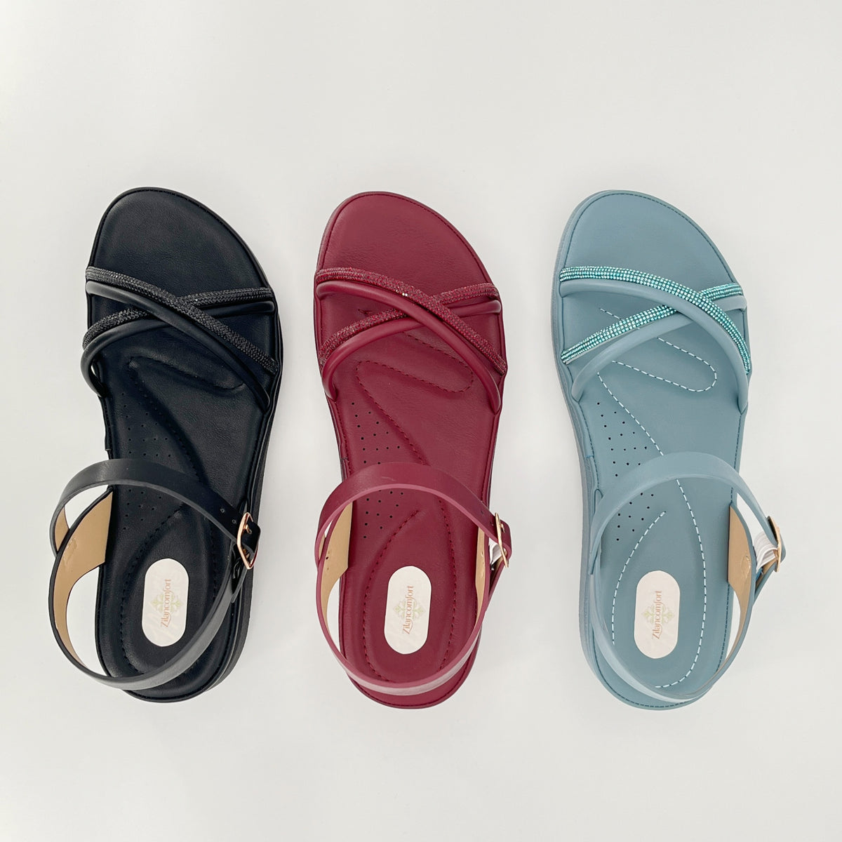 Sandalias planas ZC para mujer con doble tira cruzada y cristales a tono – Al por mayor | Ajuste cómodo | Opciones multicolor
