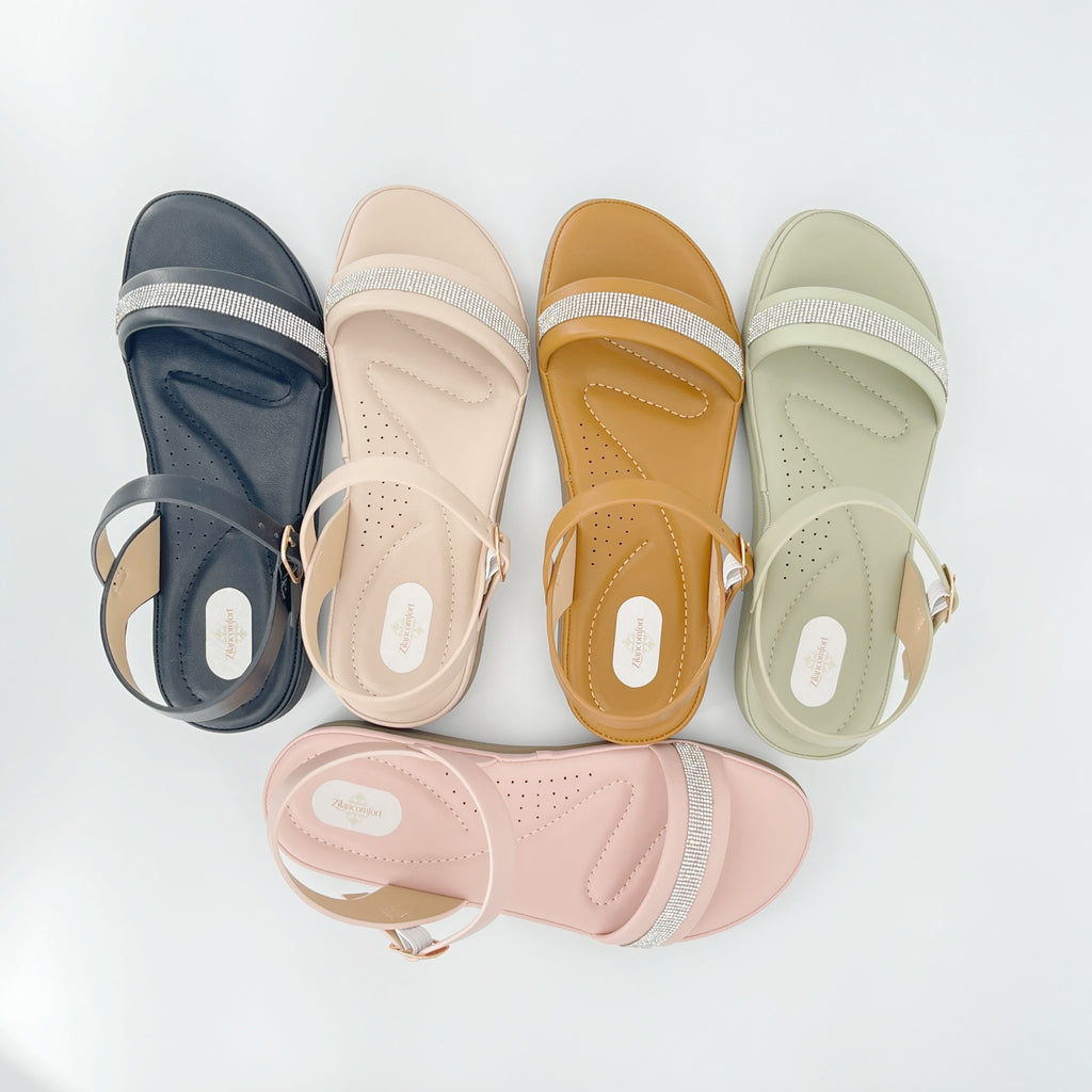 Sandalias planas de mujer ZC con banda de cristal – Venta al por mayor | Ajuste cómodo | Opciones multicolor