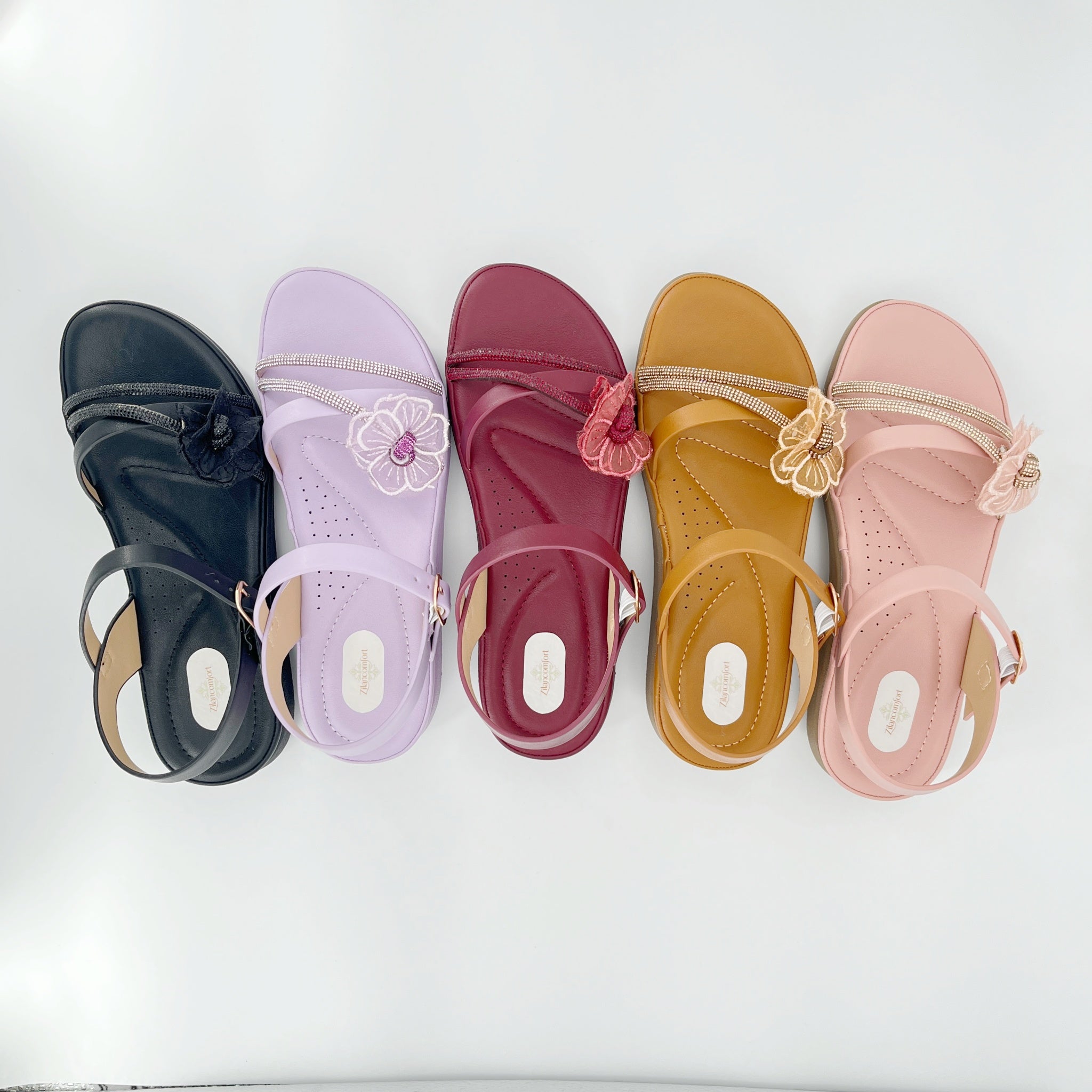 ZC Women's Floral Embroidered Rhinestone Flat Sandals – Wholesale | Comfort Fit | Multi-Color Options