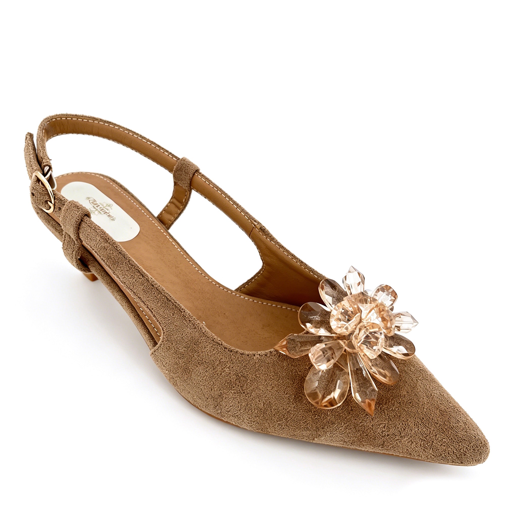 Women's Crystal Flower Suede Slingback Kitten Heel Pumps | Wholesale Occasion Heels | Multi-Color | EU 35–41