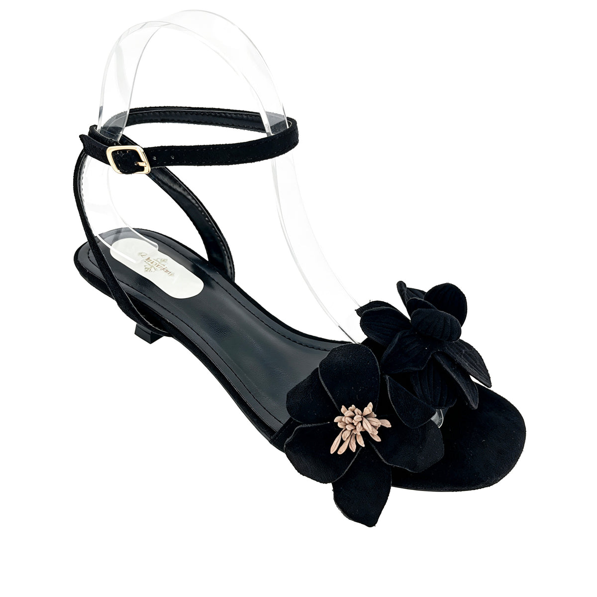 Sandalias de tacón bajo con correa al tobillo y diseño floral 3D de ante para mujer | Venta al por mayor | Multicolor EU 35–41
