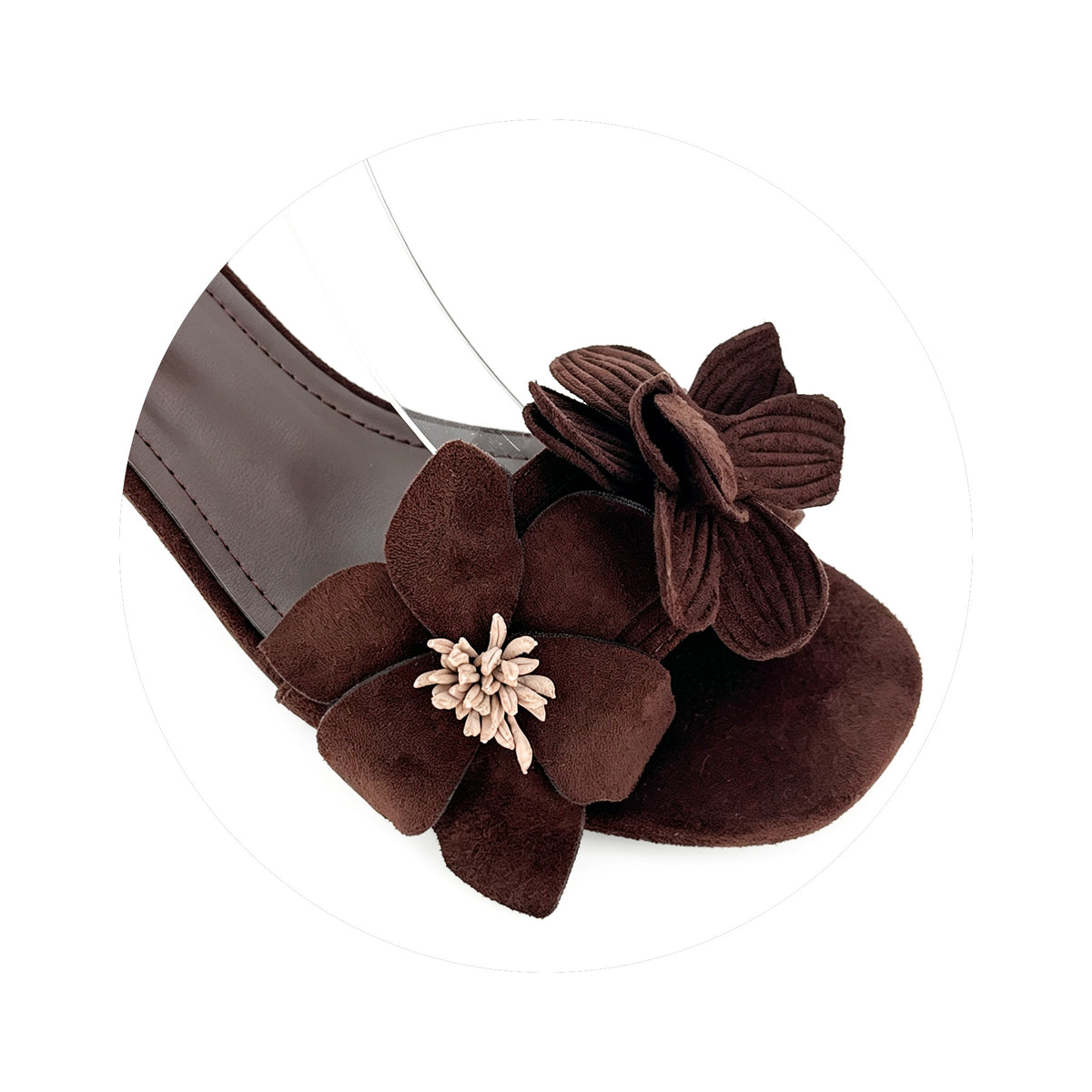 Sandalias de tacón bajo con correa al tobillo y diseño floral 3D de ante para mujer | Venta al por mayor | Multicolor EU 35–41