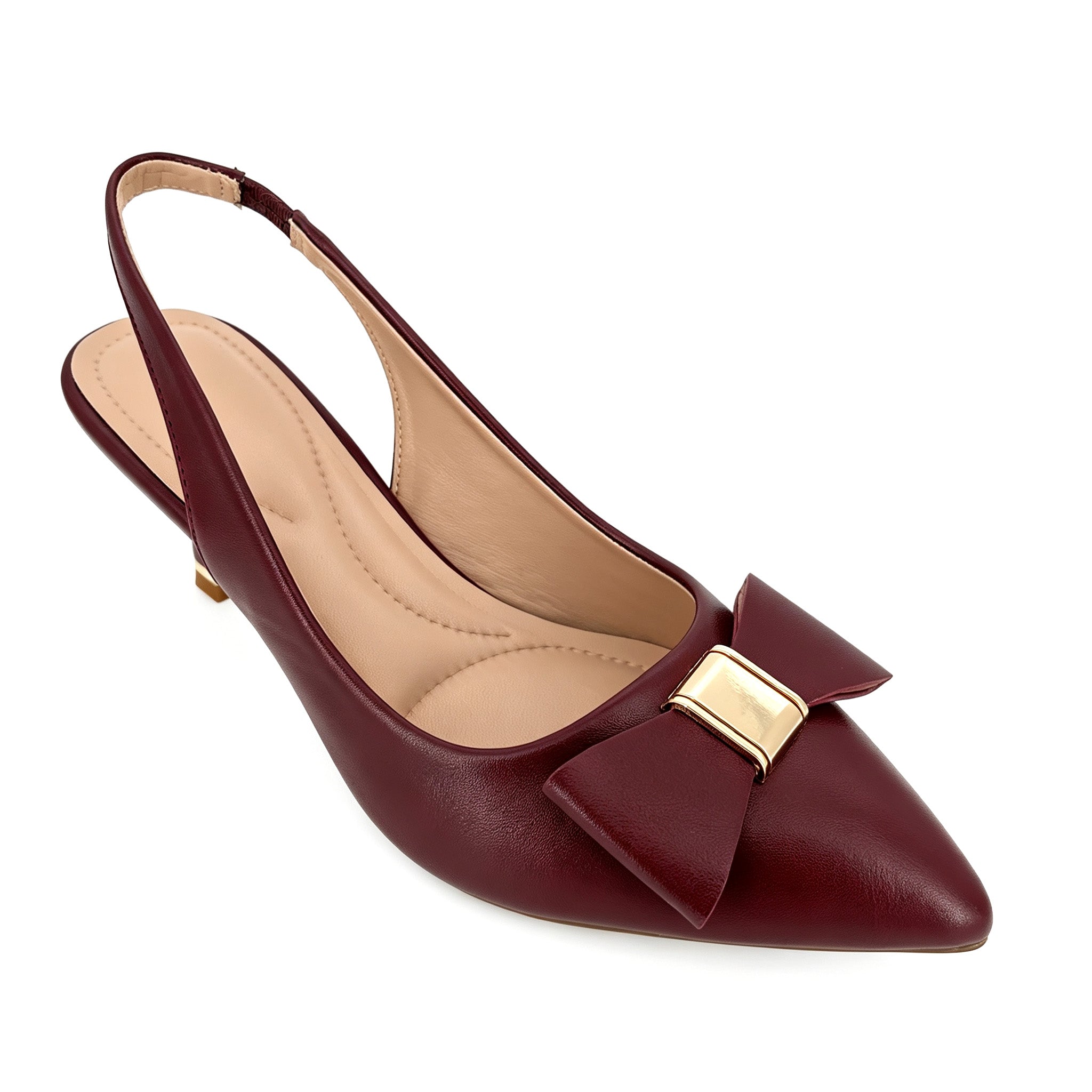 Women's Pointed-Toe Bow Kitten Heel Slingback Pumps with Gold Metal Knot | Wholesale Comfort Heels | Multi-Color | EU 35–41