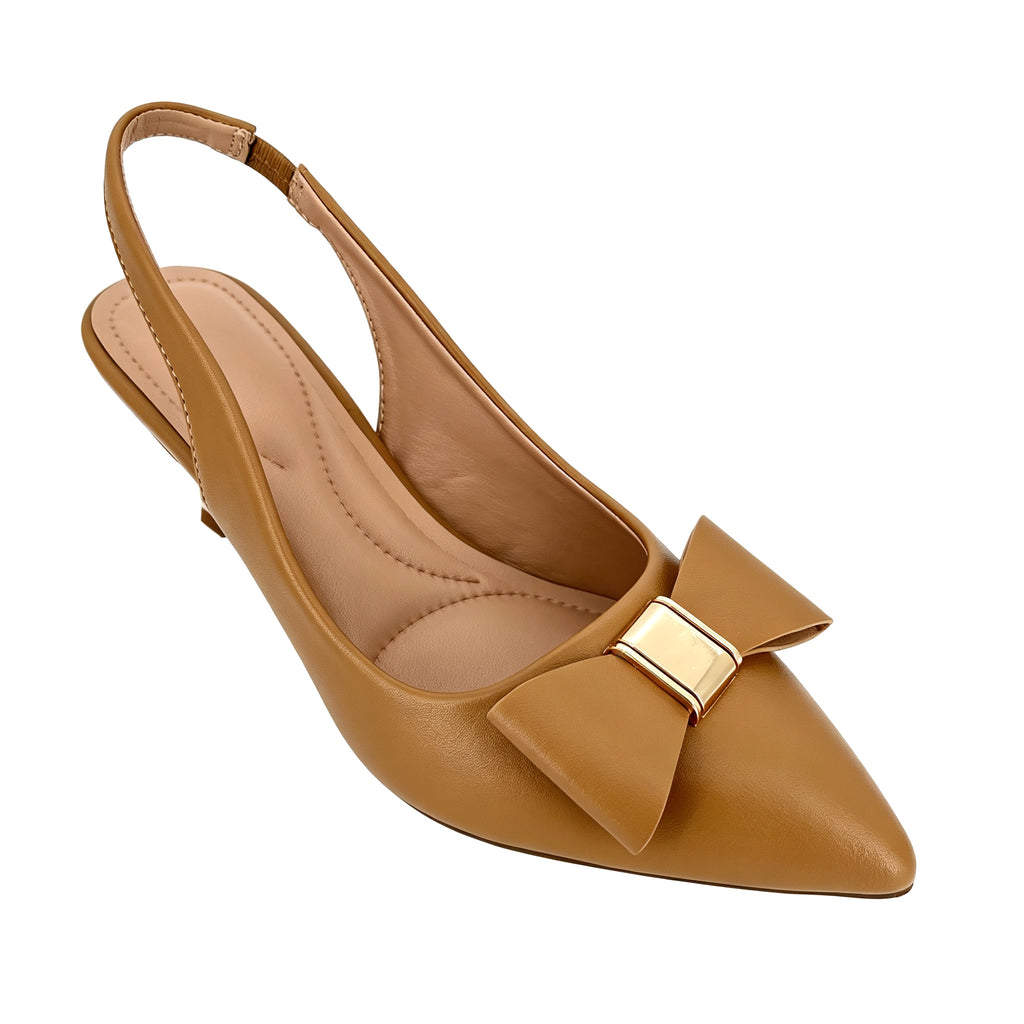 Women's Pointed-Toe Bow Kitten Heel Slingback Pumps with Gold Metal Knot | Wholesale Comfort Heels | Multi-Color | EU 35–41