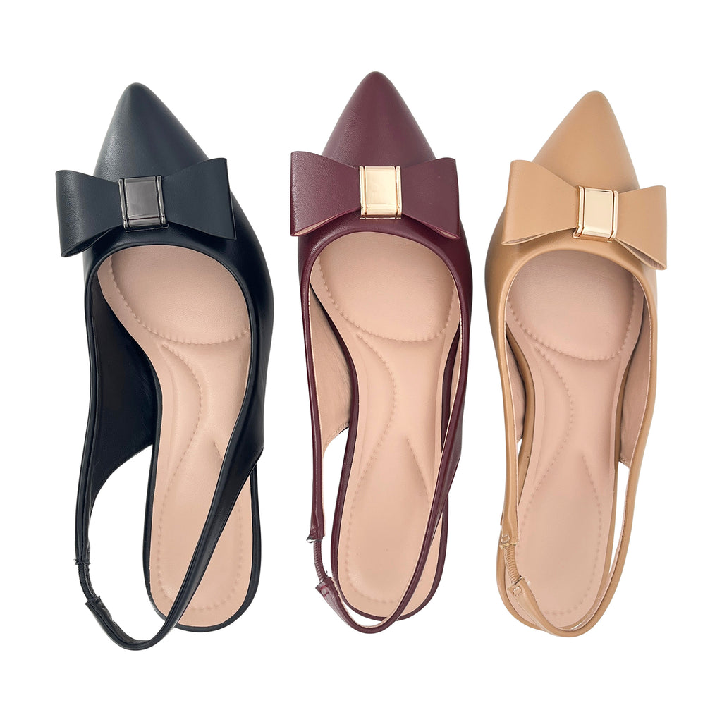 Women's Pointed-Toe Bow Kitten Heel Slingback Pumps with Gold Metal Knot | Wholesale Comfort Heels | Multi-Color | EU 35–41