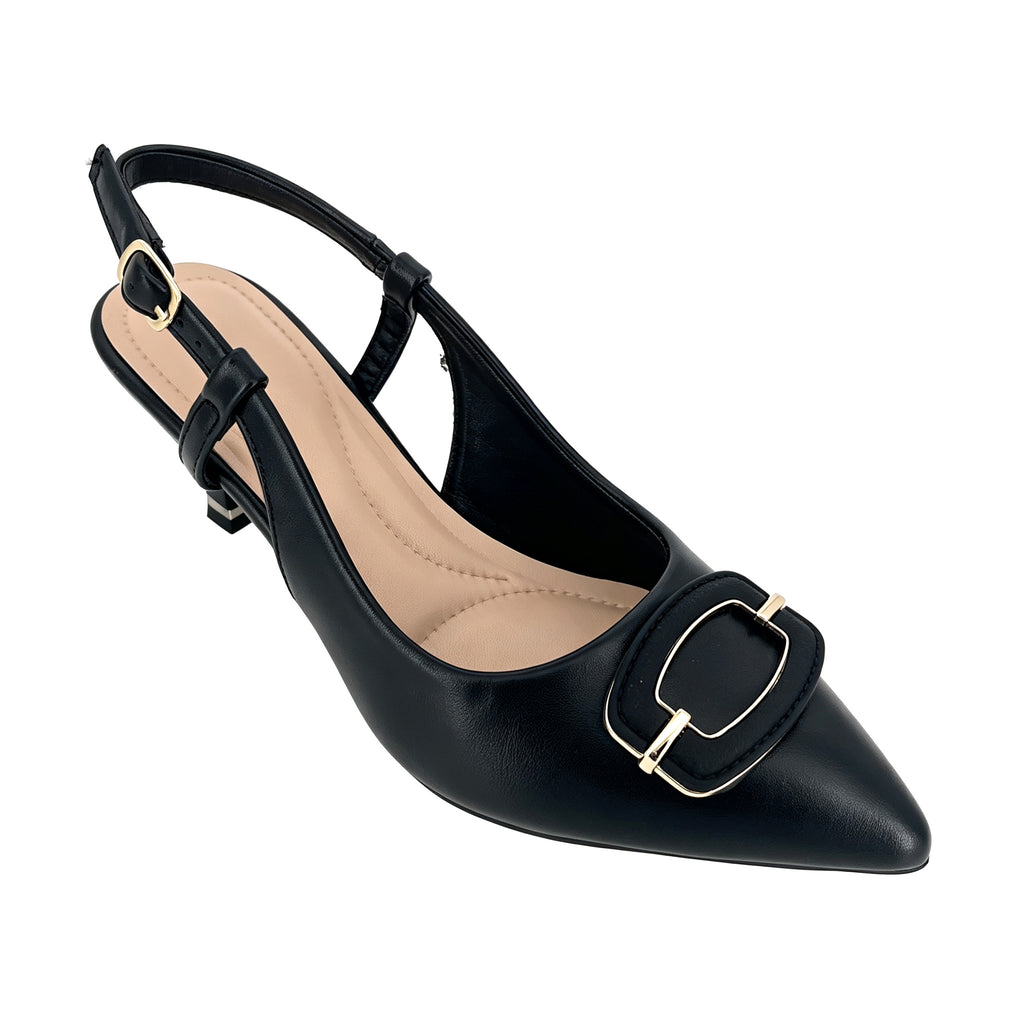 Zapatos de tacón bajo destalonados de aguja para mujer con hebilla cuadrada dorada | Tacones cómodos al por mayor | Varios colores | Tallas EU 35–41