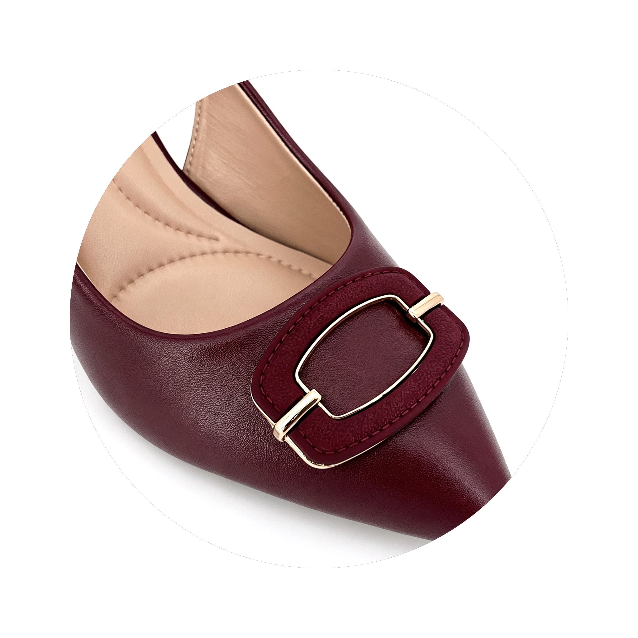 Zapatos de tacón bajo destalonados de aguja para mujer con hebilla cuadrada dorada | Tacones cómodos al por mayor | Varios colores | Tallas EU 35–41