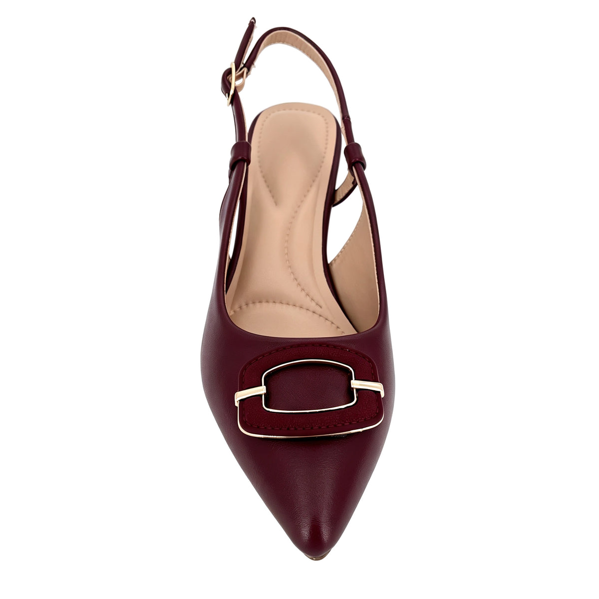 Zapatos de tacón bajo destalonados de aguja para mujer con hebilla cuadrada dorada | Tacones cómodos al por mayor | Varios colores | Tallas EU 35–41