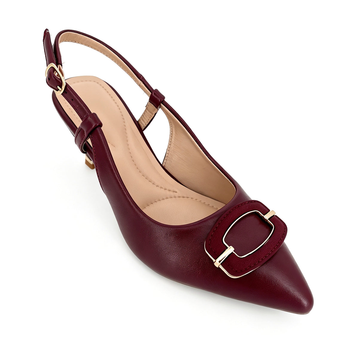 Zapatos de tacón bajo destalonados de aguja para mujer con hebilla cuadrada dorada | Tacones cómodos al por mayor | Varios colores | Tallas EU 35–41