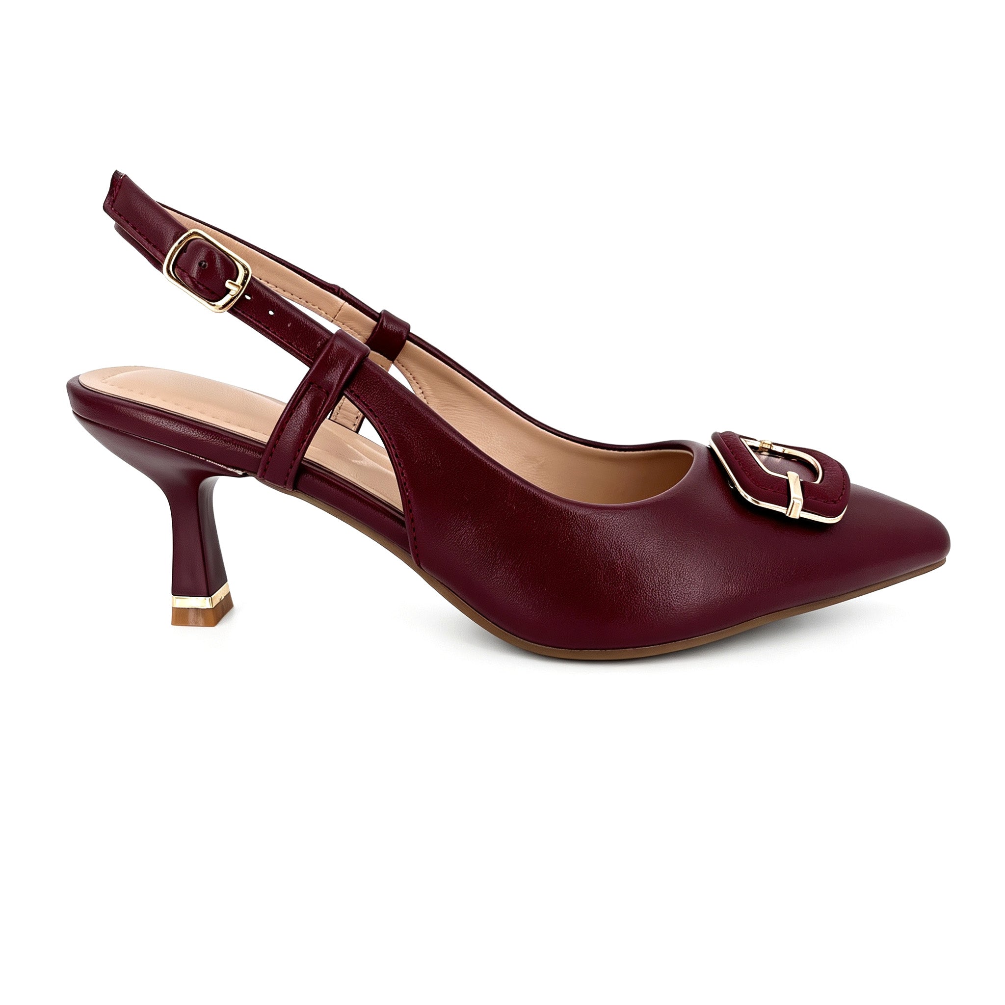 Zapatos de tacón bajo destalonados de aguja para mujer con hebilla cuadrada dorada | Tacones cómodos al por mayor | Varios colores | Tallas EU 35–41