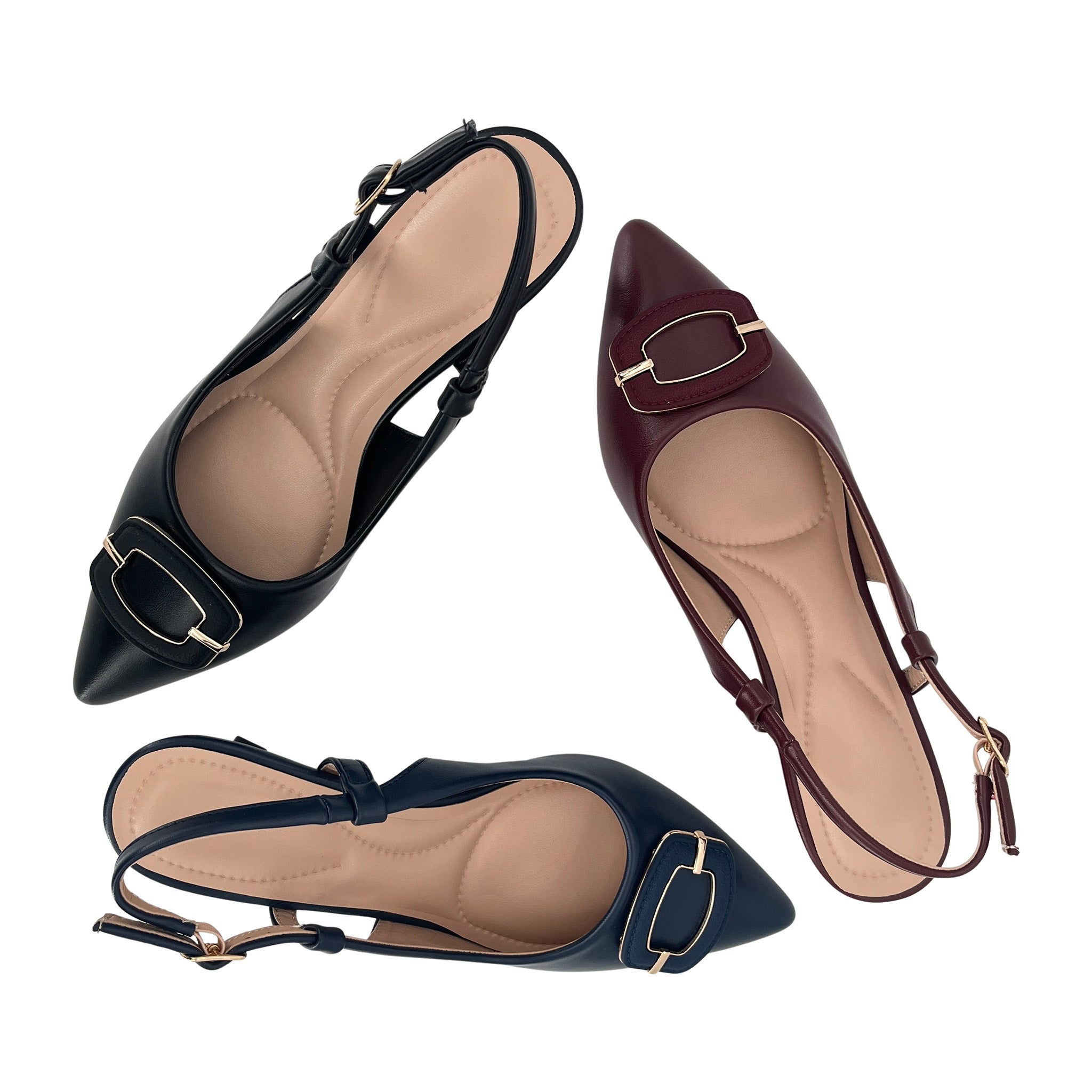 Zapatos de tacón bajo destalonados de aguja para mujer con hebilla cuadrada dorada | Tacones cómodos al por mayor | Varios colores | Tallas EU 35–41
