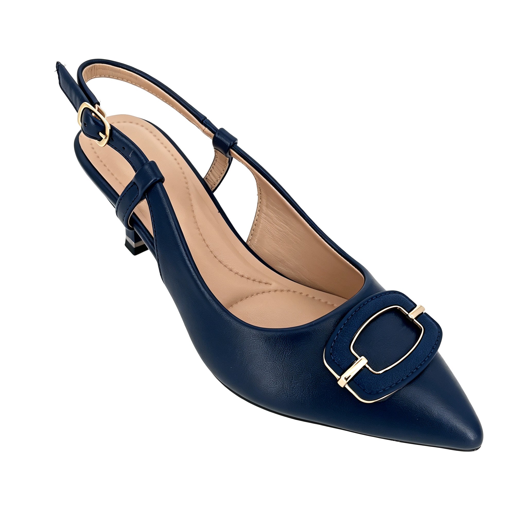 Zapatos de tacón bajo destalonados de aguja para mujer con hebilla cuadrada dorada | Tacones cómodos al por mayor | Varios colores | Tallas EU 35–41