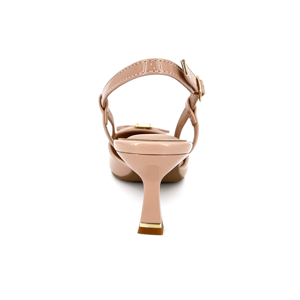 Zapatos de salón destalonados de charol con puntera afilada, lazo y tacón bajo con broche cuadrado dorado para mujer | Tacones cómodos al por mayor | Varios colores | EU 35–41