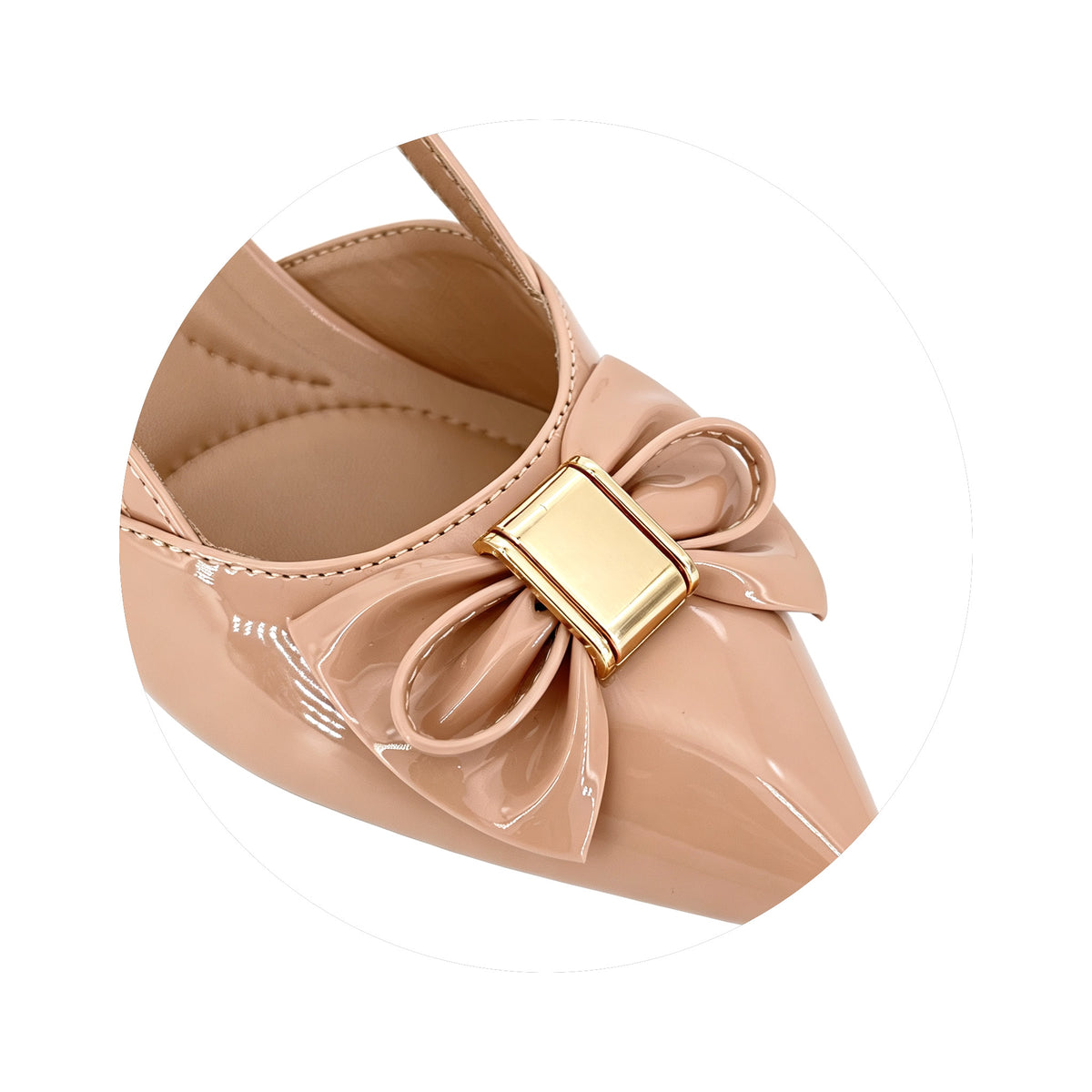 Zapatos de salón destalonados de charol con puntera afilada, lazo y tacón bajo con broche cuadrado dorado para mujer | Tacones cómodos al por mayor | Varios colores | EU 35–41