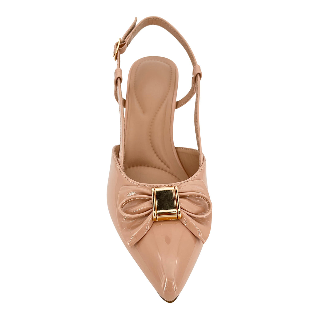 Zapatos de salón destalonados de charol con puntera afilada, lazo y tacón bajo con broche cuadrado dorado para mujer | Tacones cómodos al por mayor | Varios colores | EU 35–41