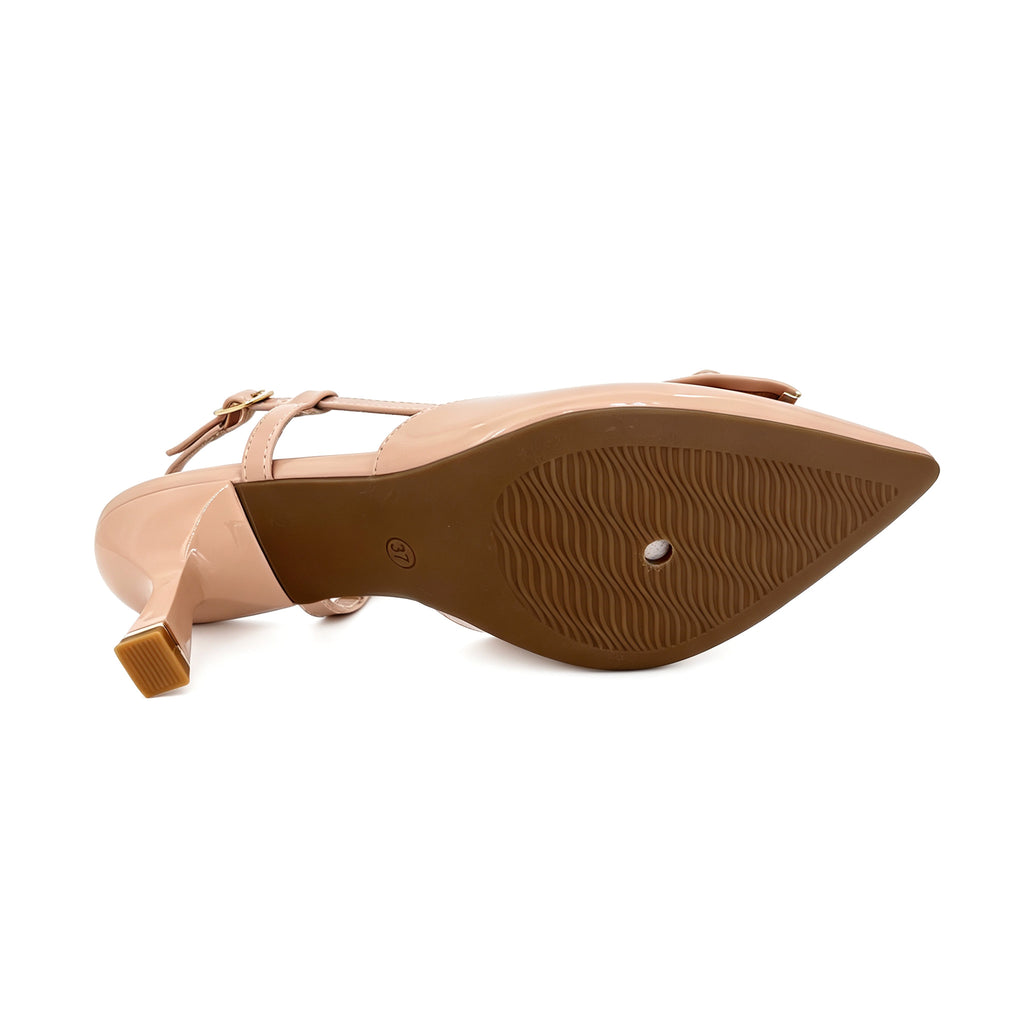 Zapatos de salón destalonados de charol con puntera afilada, lazo y tacón bajo con broche cuadrado dorado para mujer | Tacones cómodos al por mayor | Varios colores | EU 35–41