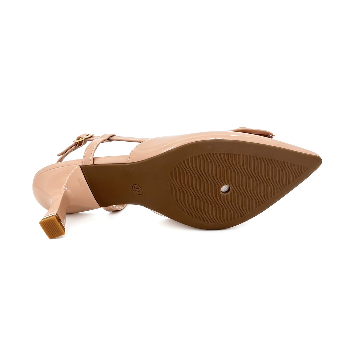 Zapatos de salón destalonados de charol con puntera afilada, lazo y tacón bajo con broche cuadrado dorado para mujer | Tacones cómodos al por mayor | Varios colores | EU 35–41