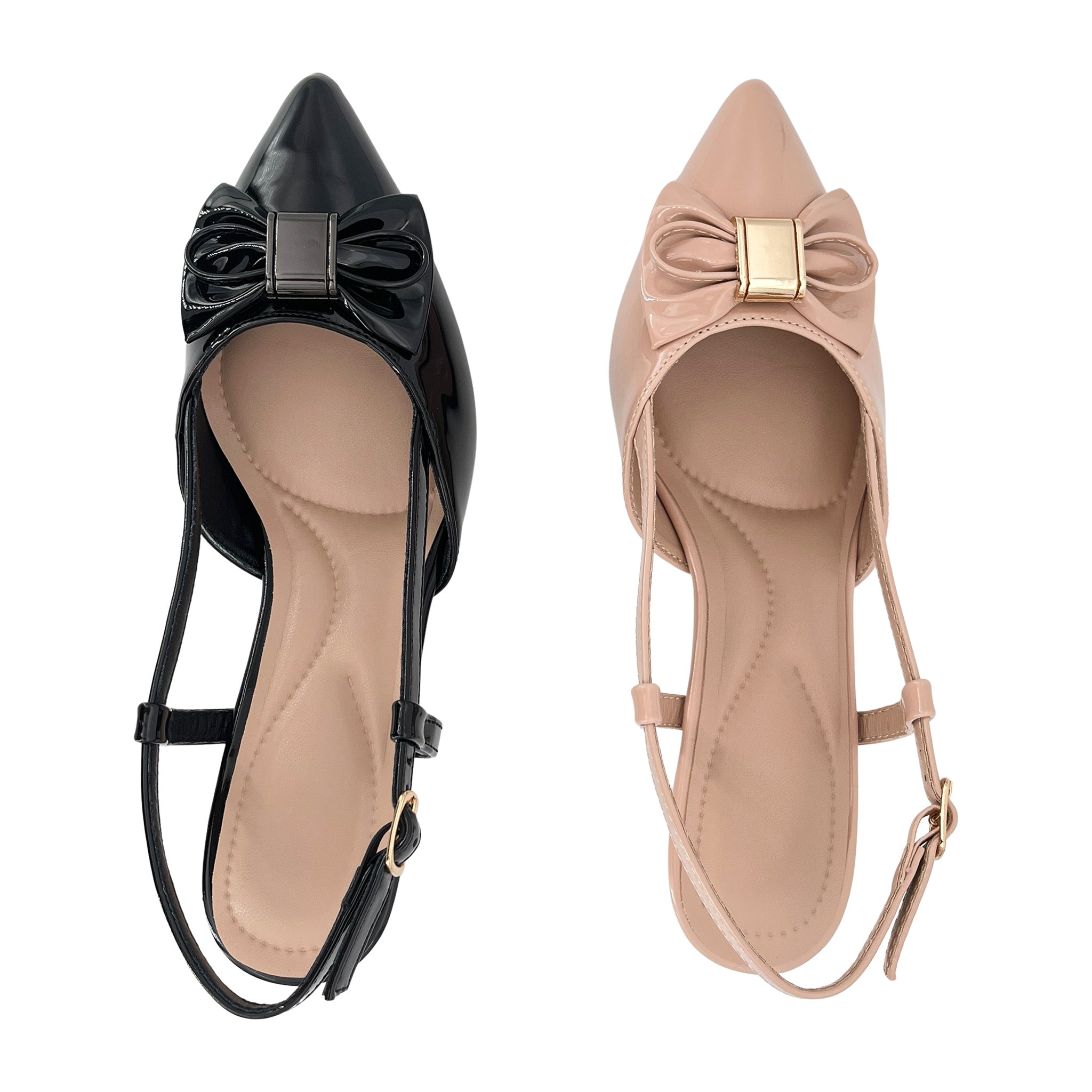 Zapatos de salón destalonados de charol con puntera afilada, lazo y tacón bajo con broche cuadrado dorado para mujer | Tacones cómodos al por mayor | Varios colores | EU 35–41