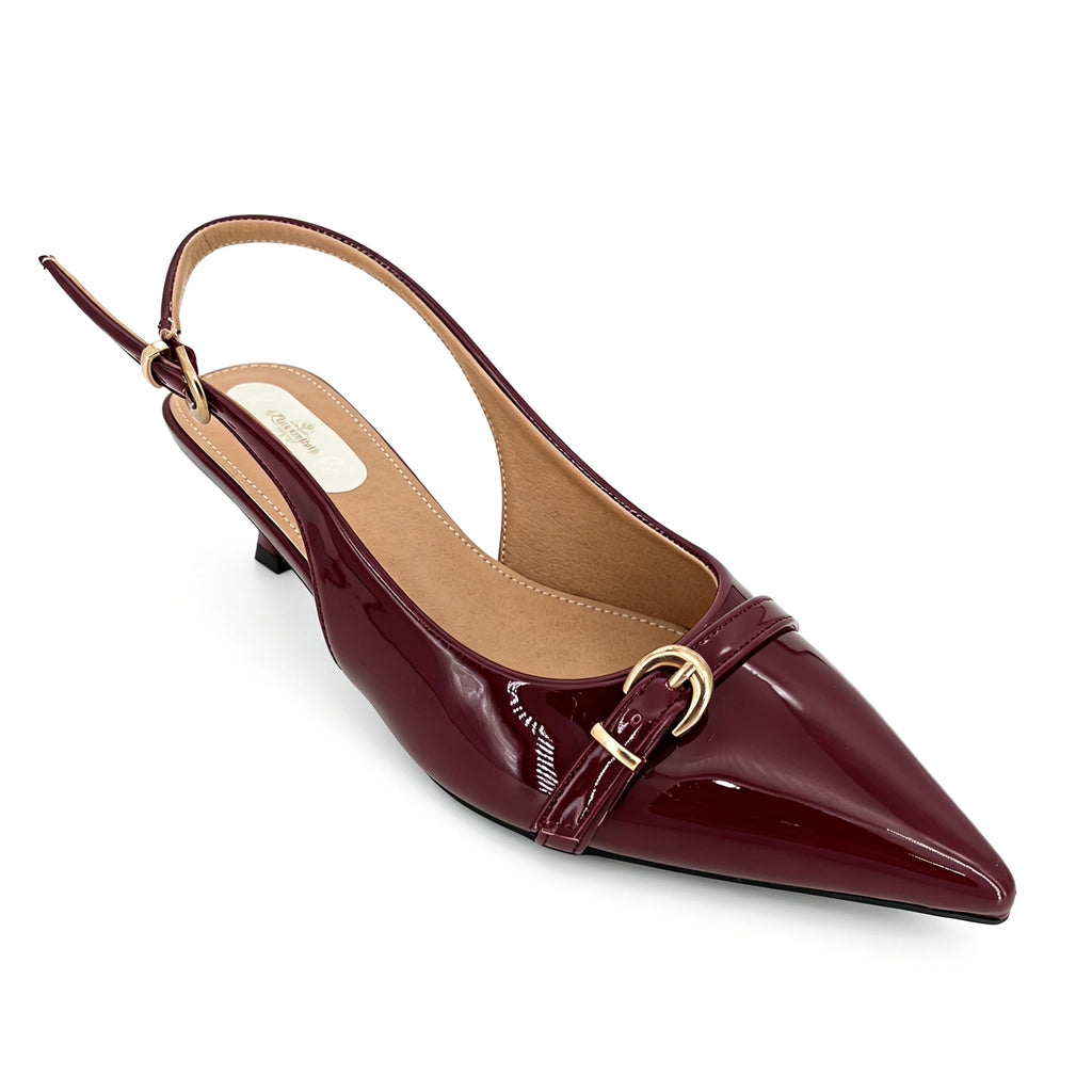 Women's Pointed-Toe Patent Leather Gold Buckle Strap Kitten Heel Slingback Pumps | Wholesale Comfort Heels | Multi-Color | EU 35–41