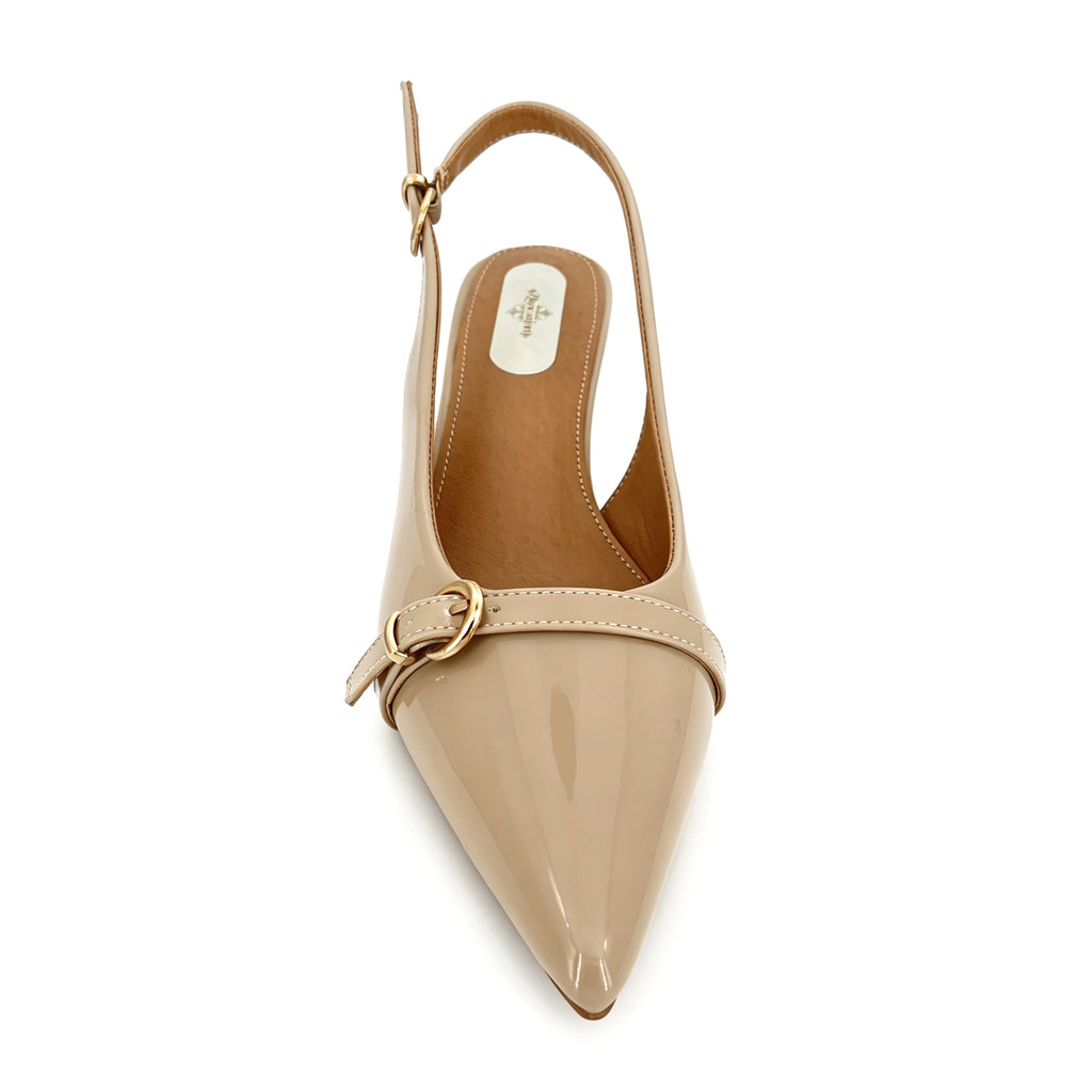 Women's Pointed-Toe Patent Leather Gold Buckle Strap Kitten Heel Slingback Pumps | Wholesale Comfort Heels | Multi-Color | EU 35–41