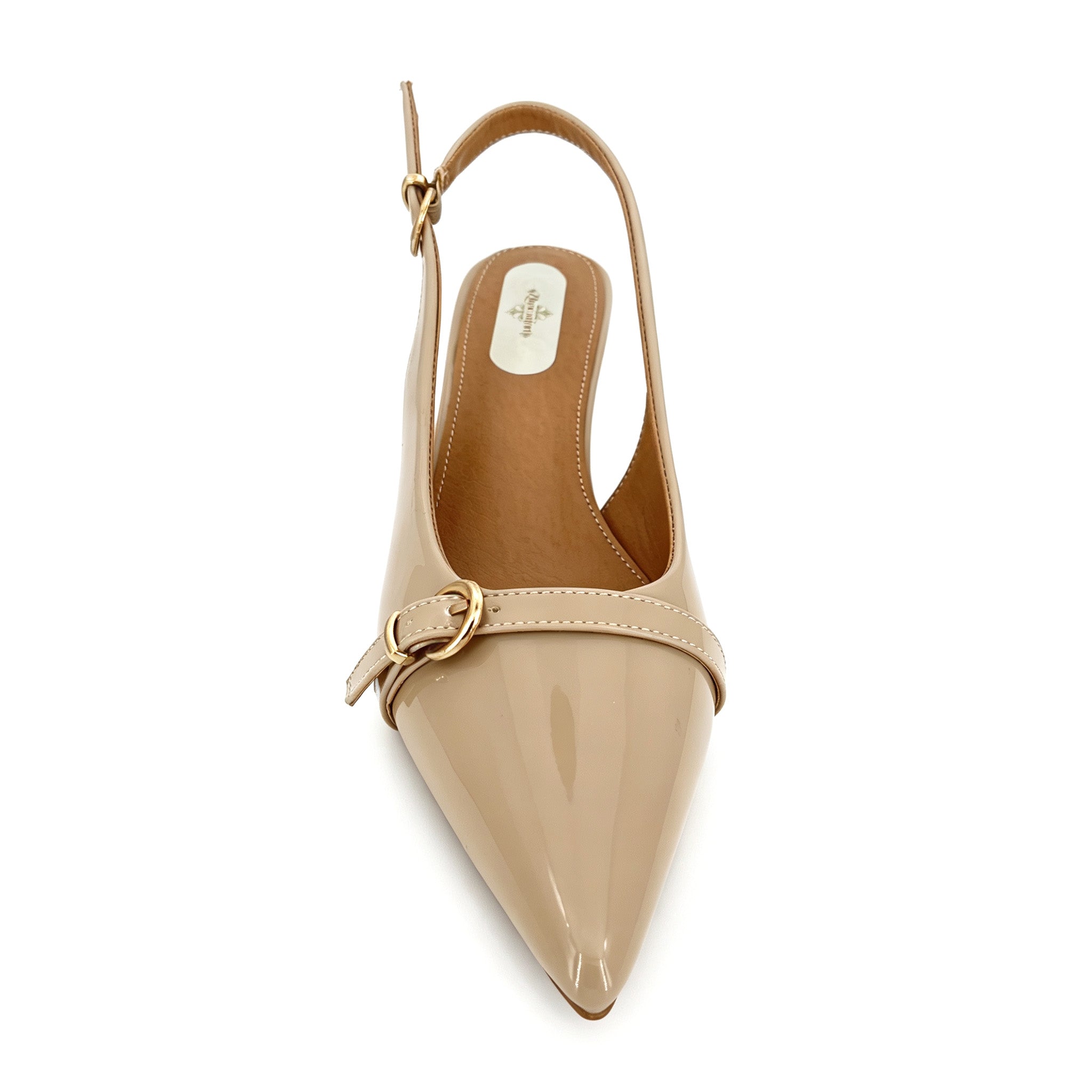 Zapatos de tacón bajo con tira trasera y punta fina para mujer, de charol con hebilla dorada | Tacones cómodos al por mayor | Varios colores | Tallas EU 35–41