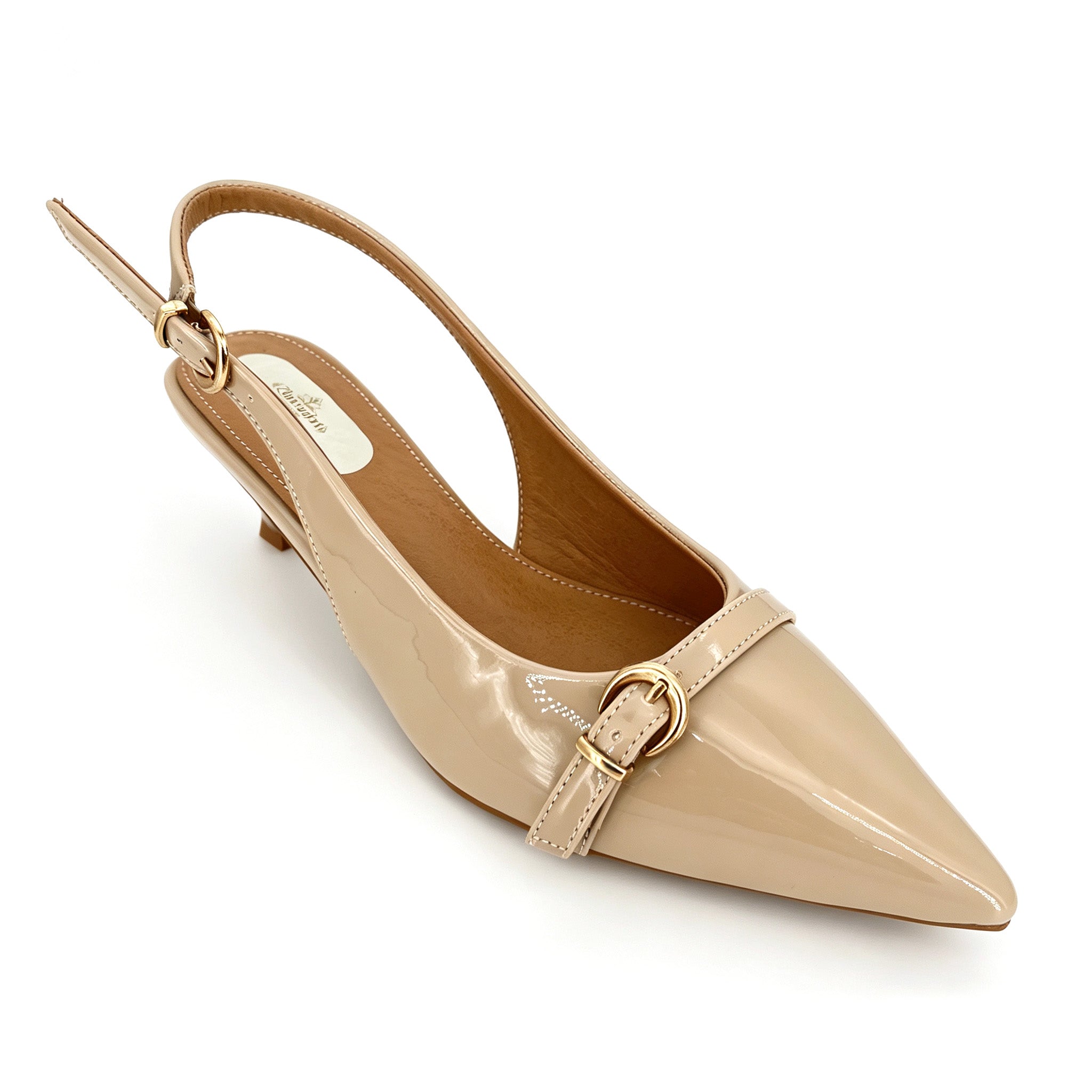 Zapatos de tacón bajo con tira trasera y punta fina para mujer, de charol con hebilla dorada | Tacones cómodos al por mayor | Varios colores | Tallas EU 35–41