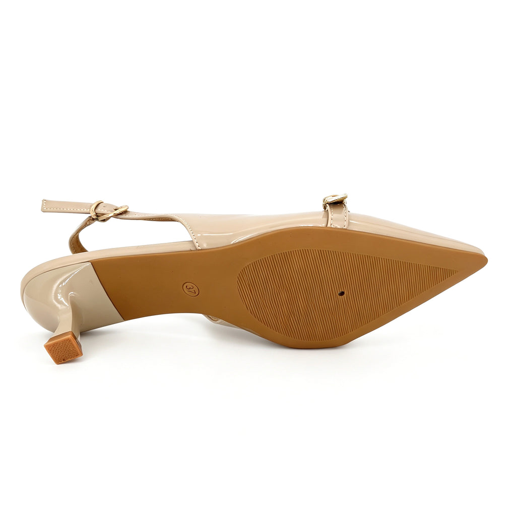 Women's Pointed-Toe Patent Leather Gold Buckle Strap Kitten Heel Slingback Pumps | Wholesale Comfort Heels | Multi-Color | EU 35–41