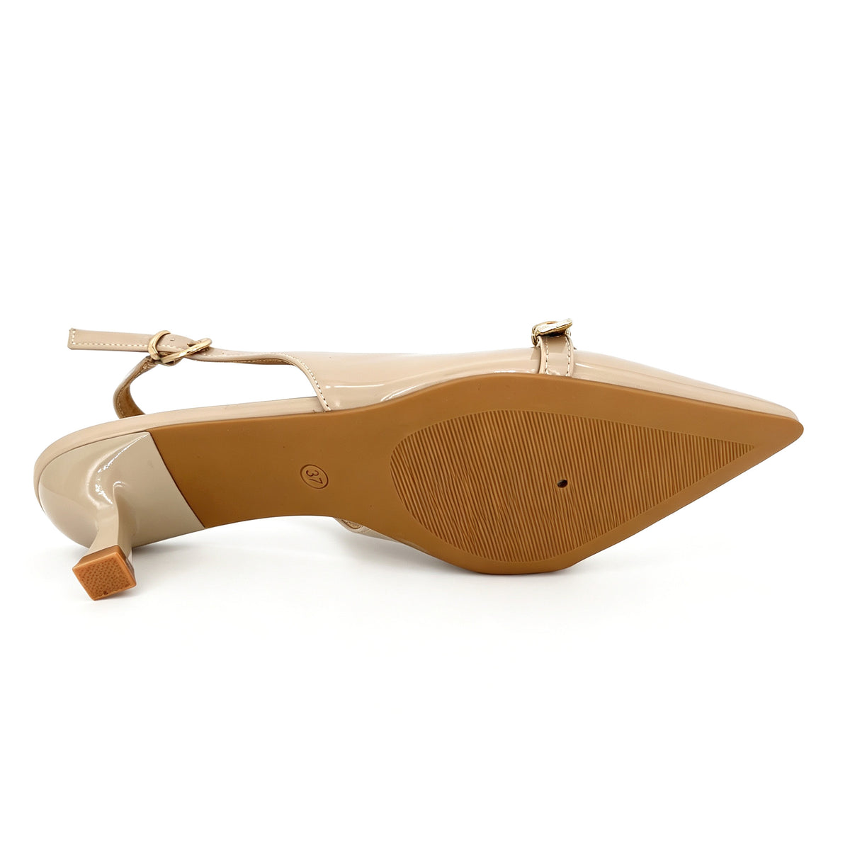 Women's Pointed-Toe Patent Leather Gold Buckle Strap Kitten Heel Slingback Pumps | Wholesale Comfort Heels | Multi-Color | EU 35–41