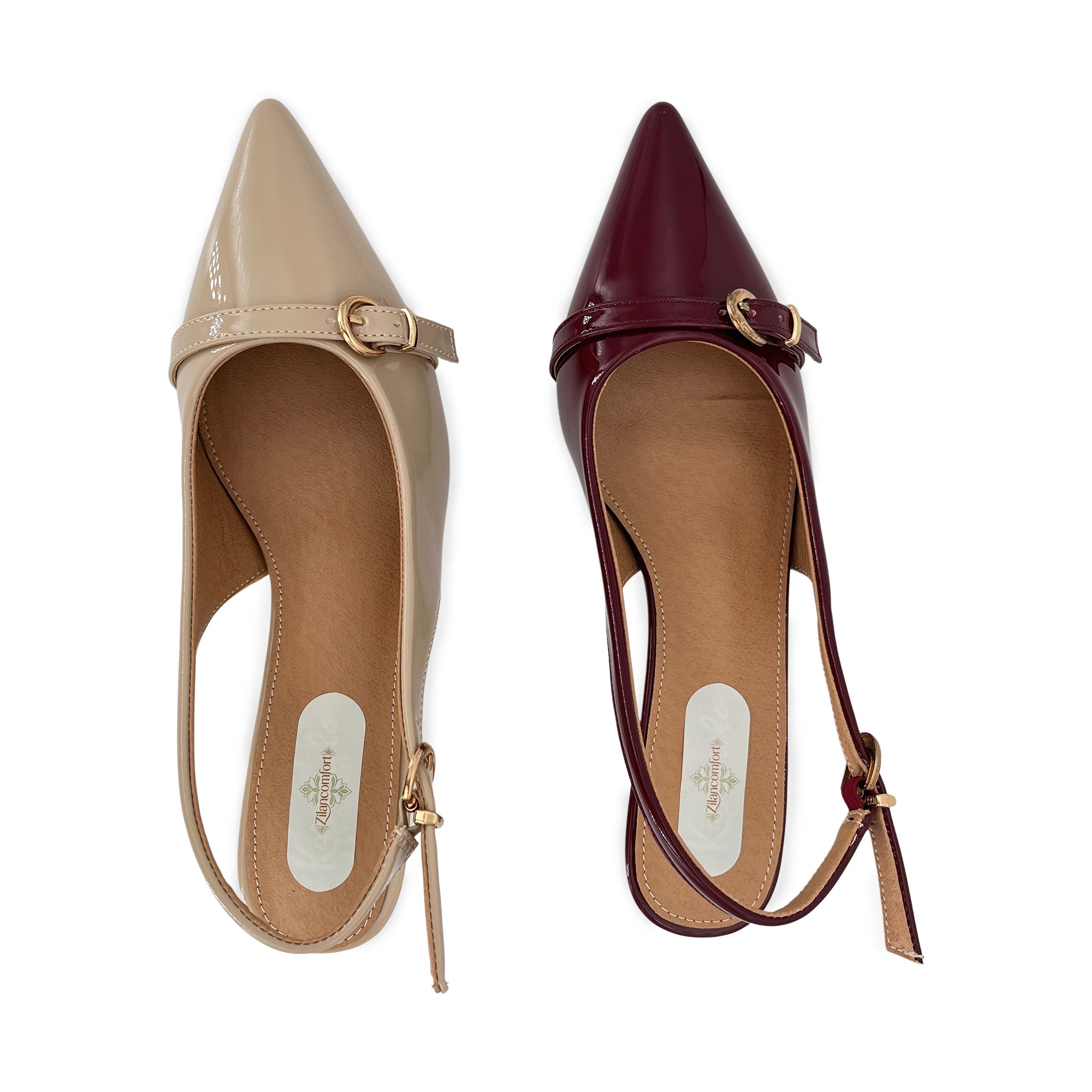 Women's Pointed-Toe Patent Leather Gold Buckle Strap Kitten Heel Slingback Pumps | Wholesale Comfort Heels | Multi-Color | EU 35–41