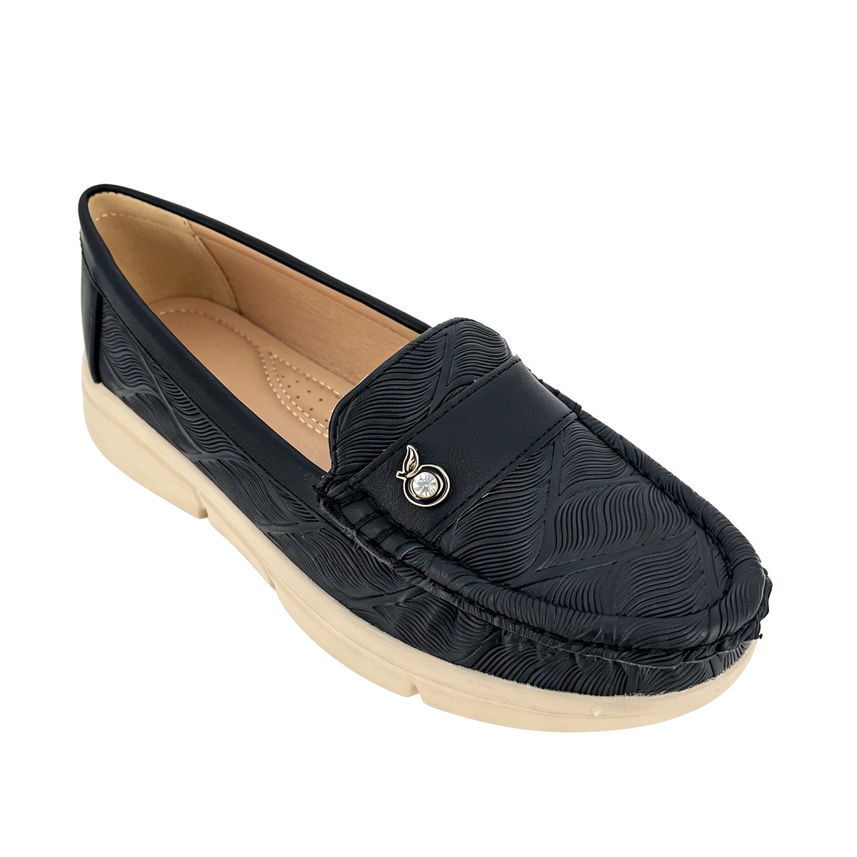 Women's Round-Toe Moccasin Loafer with Silver Crystal Badge & Wave-Embossed Upper | Wholesale Comfort Flats | Multi-Color | EU 35–41