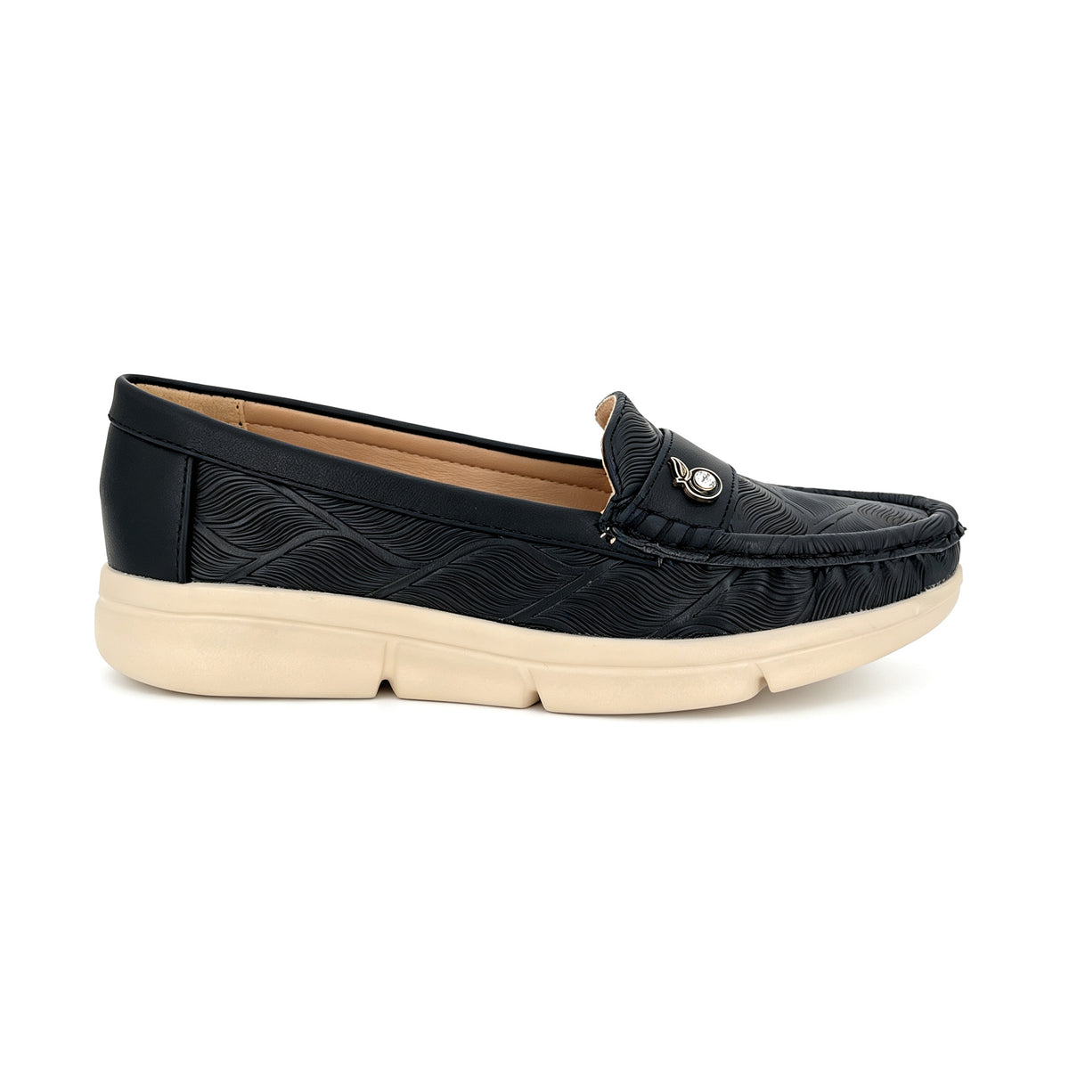 Women's Round-Toe Moccasin Loafer with Silver Crystal Badge & Wave-Embossed Upper | Wholesale Comfort Flats | Multi-Color | EU 35–41