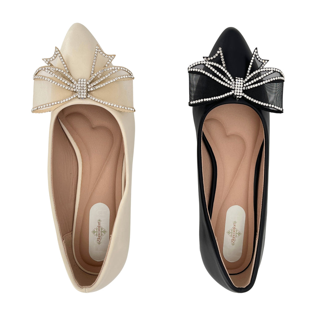 Women's Pointed-Toe Low Block Heel Pumps with Crystal Bow | Wholesale Comfort Heels | Multi-Color | EU 35–41