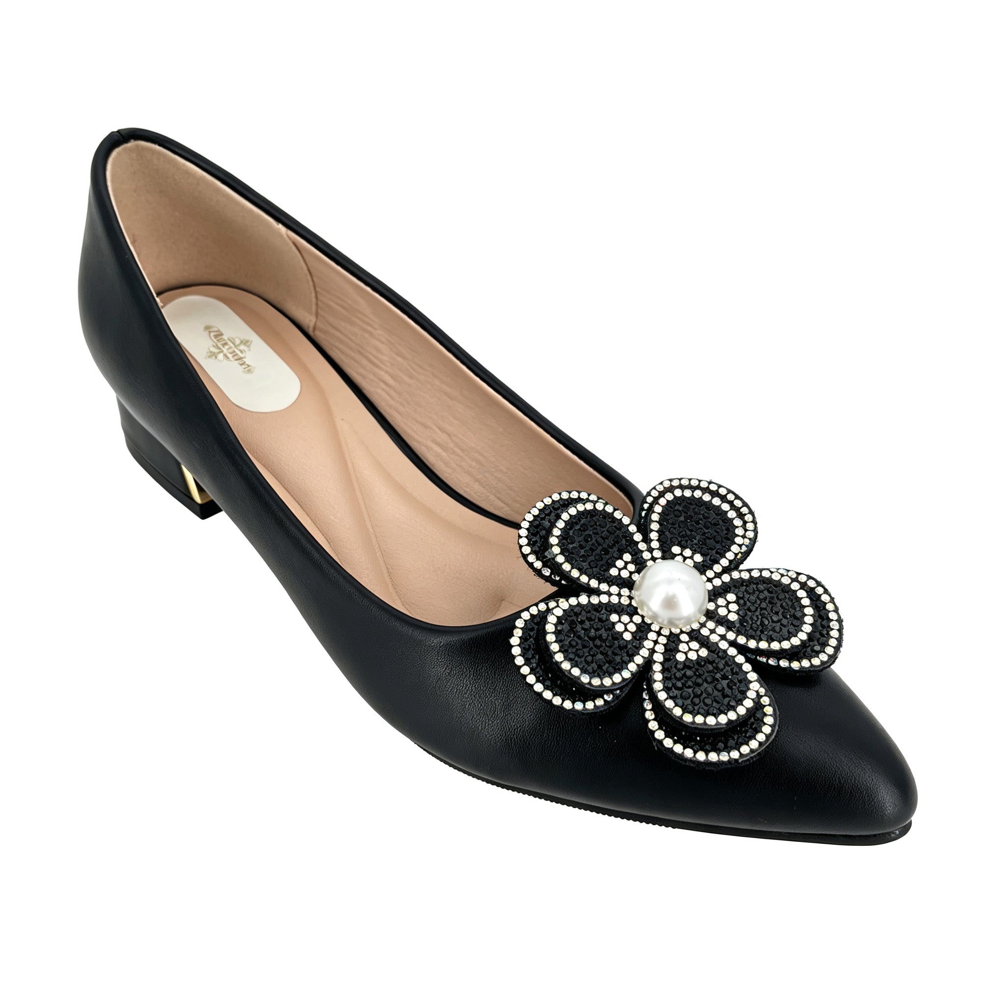 Zapatos de tacón bajo con diseño de flor de perlas y cristales para mujer | Tacones cómodos al por mayor | Varios colores | EU 35–41