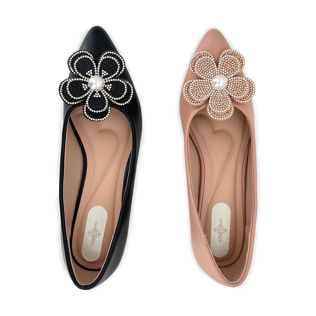 Women's Pearl & Crystal Flower Low Block Heel Pumps | Wholesale Comfort Heels | Multi-Color | EU 35–41