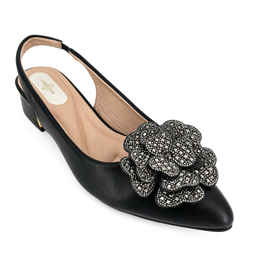 Women's 3D Crystal Rose Slingback Low Block Heel Shoes | Wholesale Comfort Heels | Multi-Color | EU 35–41