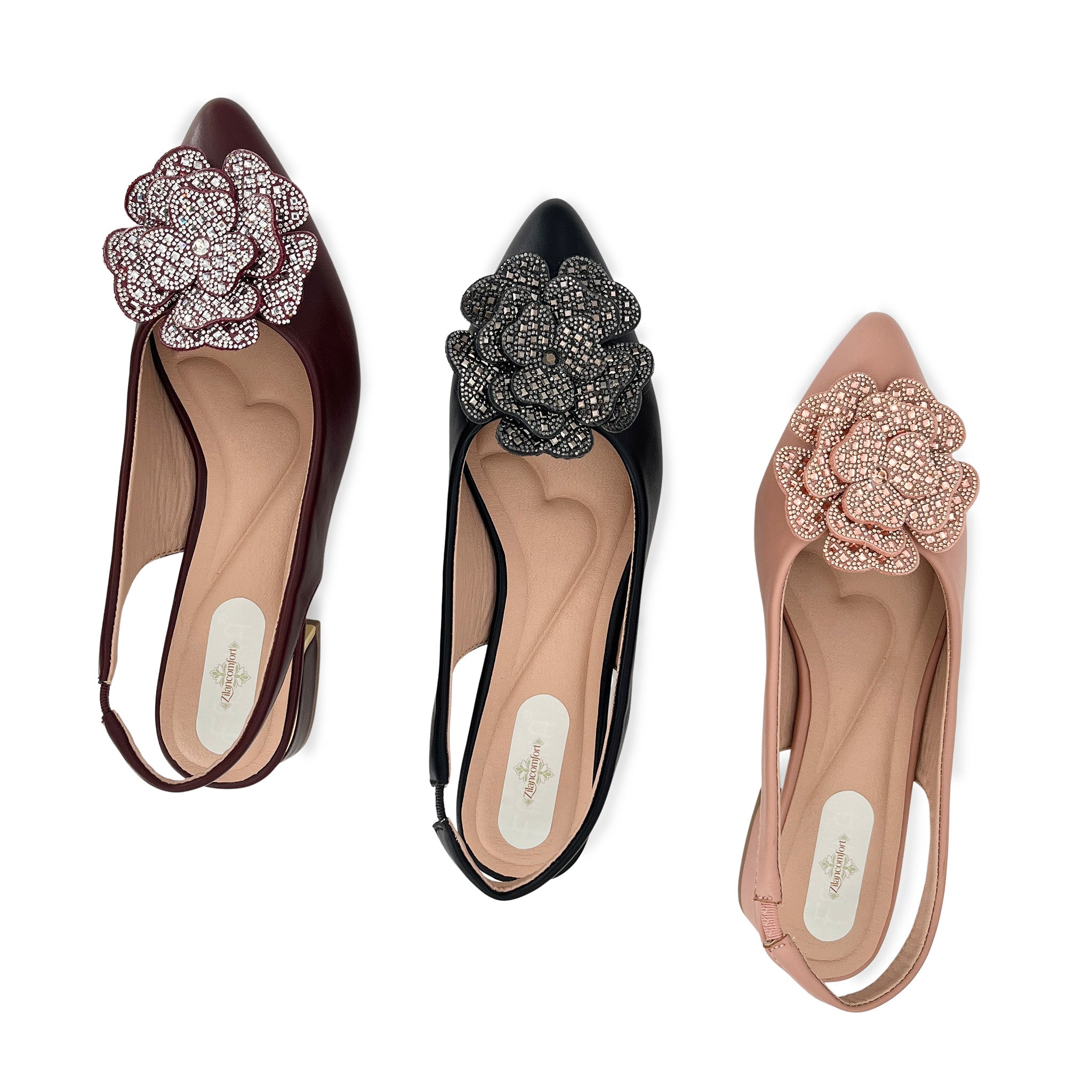 Women's 3D Crystal Rose Slingback Low Block Heel Shoes | Wholesale Comfort Heels | Multi-Color | EU 35–41