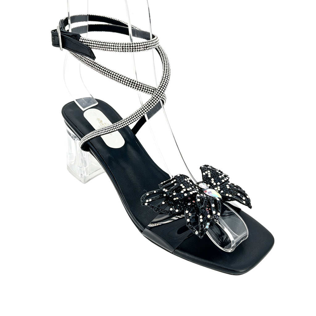 Sandalias de tacón de bloque transparente con mariposa de diamantes de imitación para mujer | Correa de tobillo con diamantes de imitación | Punta cuadrada | Al por mayor | Varios colores | Tallas EU 35–41