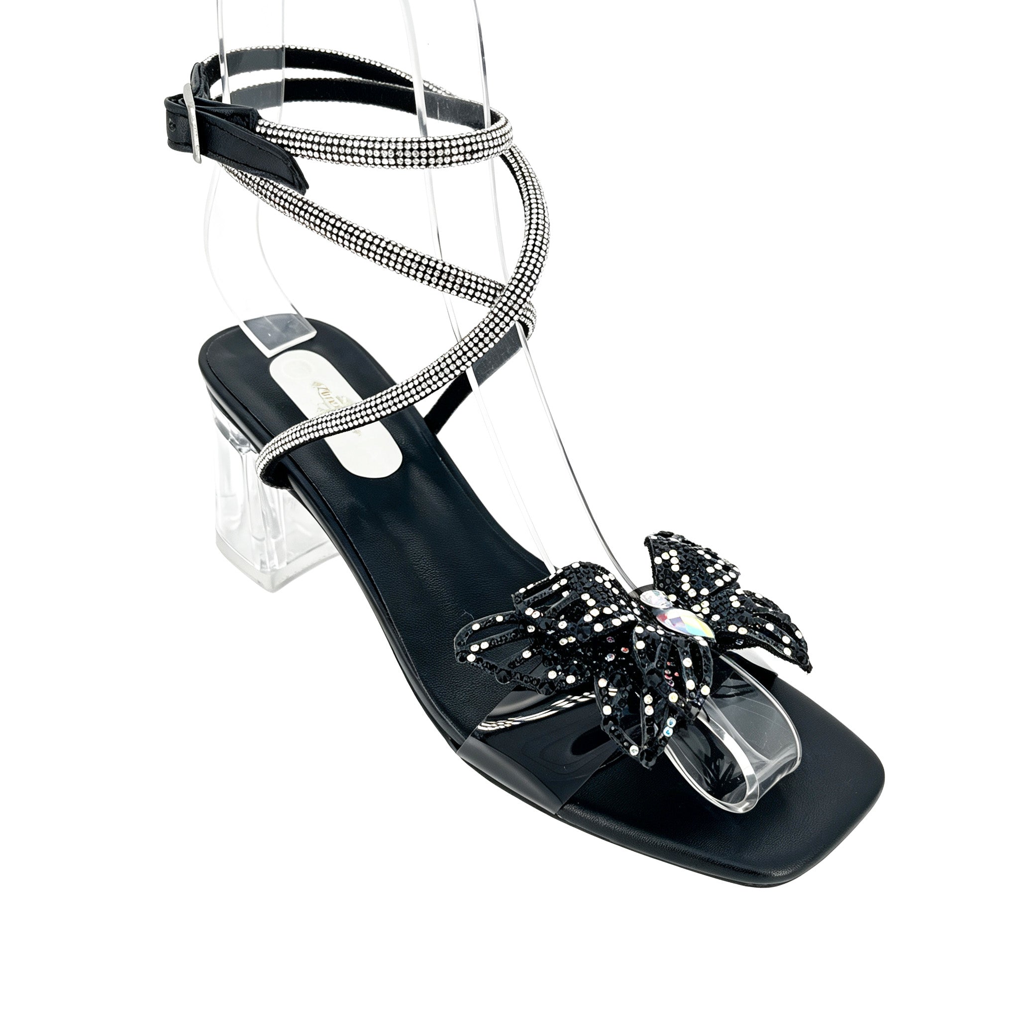Sandalias de tacón de bloque transparente con mariposa de diamantes de imitación para mujer | Correa de tobillo con diamantes de imitación | Punta cuadrada | Al por mayor | Varios colores | Tallas EU 35–41