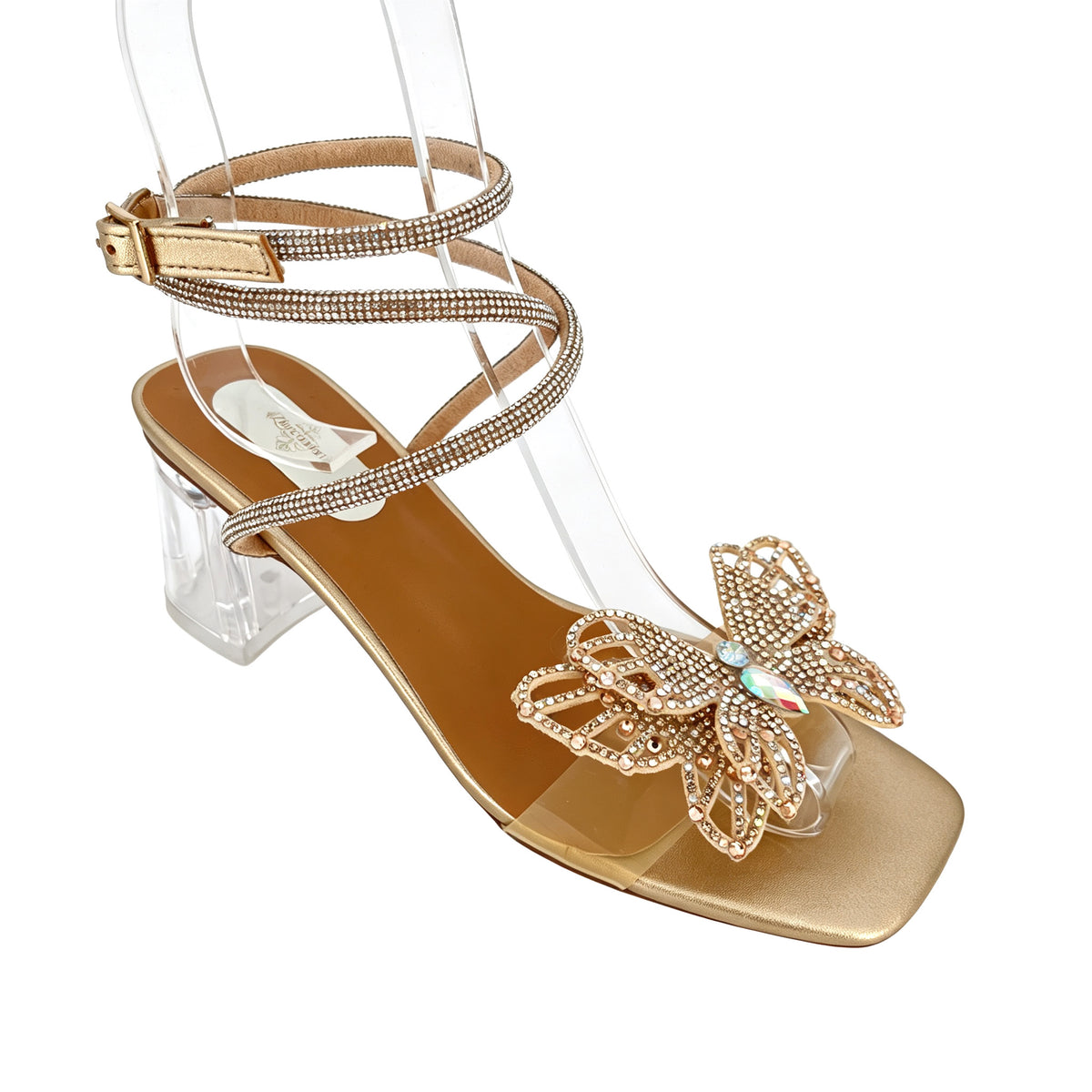 Sandalias de tacón de bloque transparente con mariposa de diamantes de imitación para mujer | Correa de tobillo con diamantes de imitación | Punta cuadrada | Al por mayor | Varios colores | Tallas EU 35–41