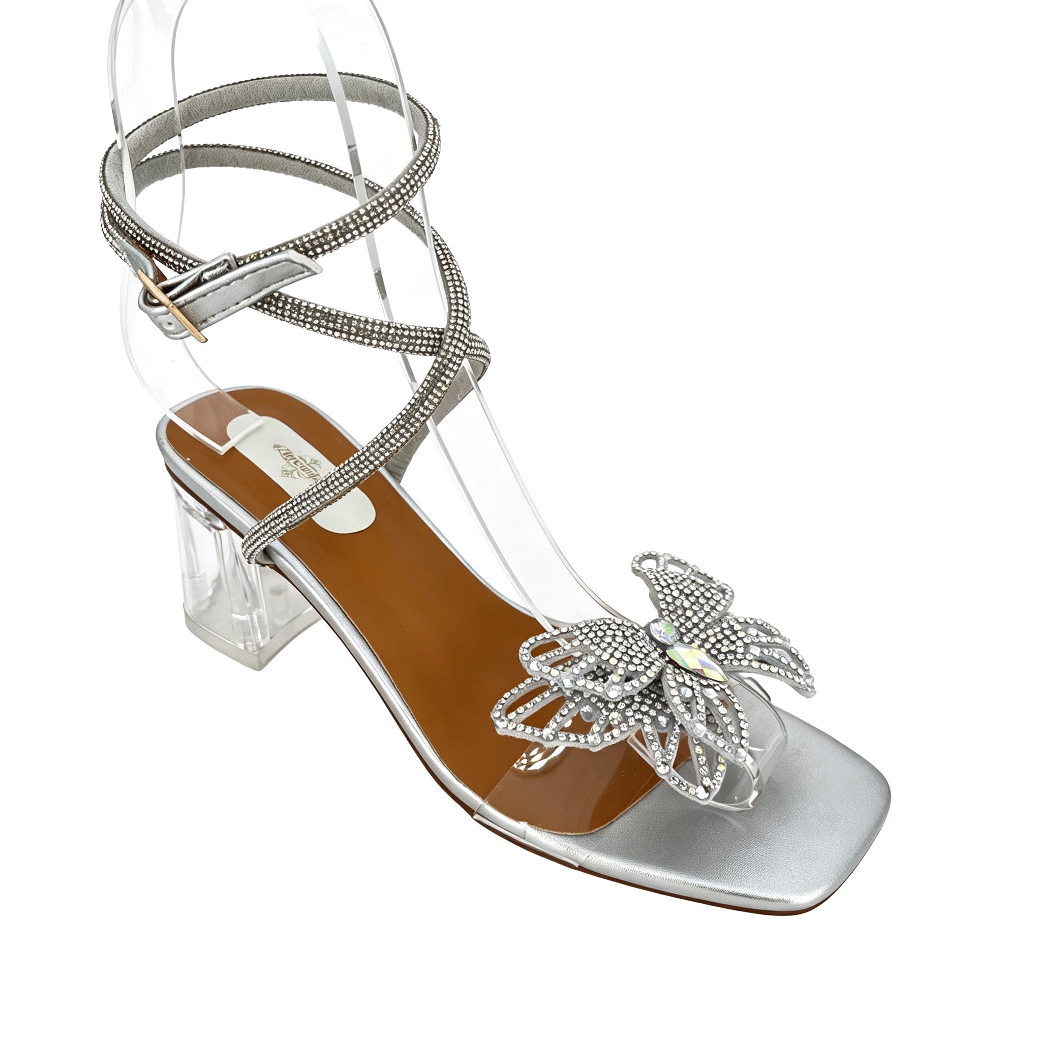 Sandalias de tacón de bloque transparente con mariposa de diamantes de imitación para mujer | Correa de tobillo con diamantes de imitación | Punta cuadrada | Al por mayor | Varios colores | Tallas EU 35–41