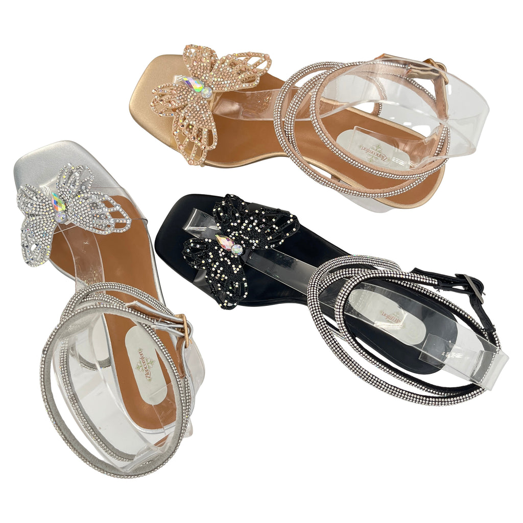 Sandalias de tacón de bloque transparente con mariposa de diamantes de imitación para mujer | Correa de tobillo con diamantes de imitación | Punta cuadrada | Al por mayor | Varios colores | Tallas EU 35–41