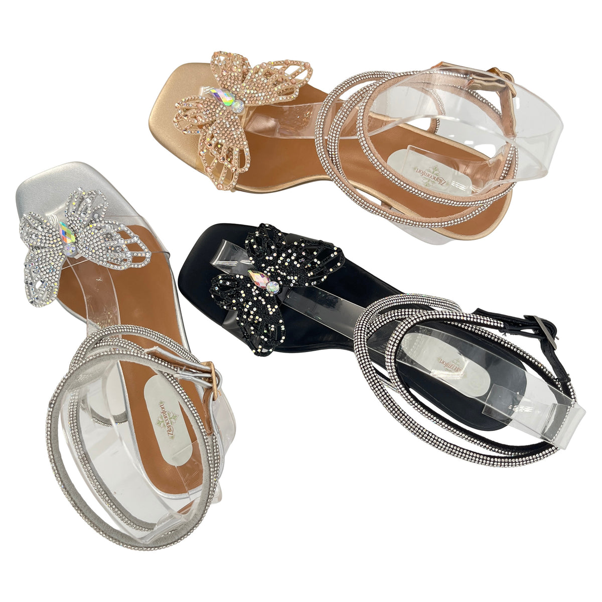 Sandalias de tacón de bloque transparente con mariposa de diamantes de imitación para mujer | Correa de tobillo con diamantes de imitación | Punta cuadrada | Al por mayor | Varios colores | Tallas EU 35–41