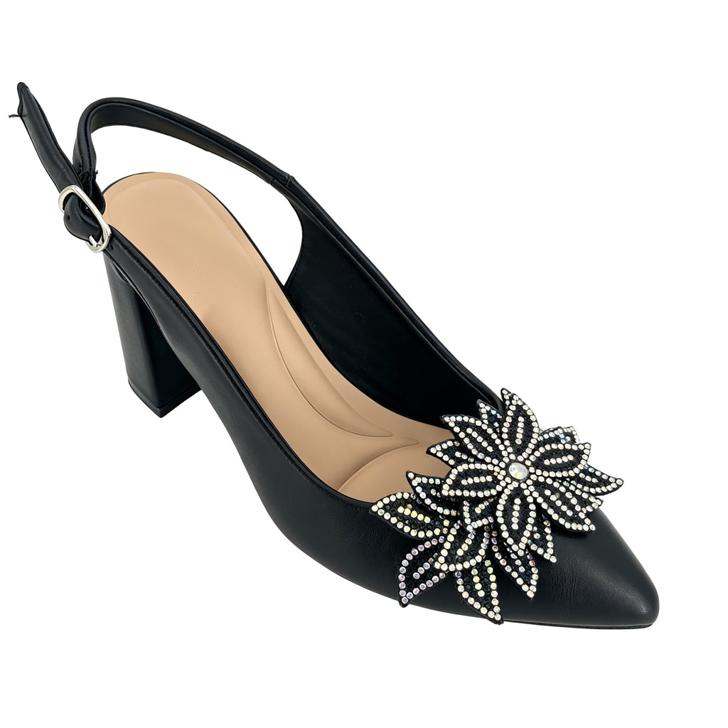 Bombas de tacón grueso con pulsera en piel charol y broche de flor de cristal para mujer | Tacones al por mayor para ocasiones | Varios colores | Tallas EU 35–41