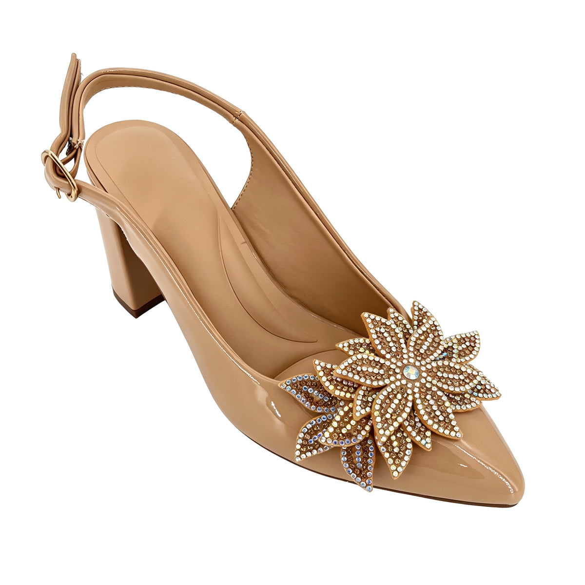 Bombas de tacón grueso con pulsera en piel charol y broche de flor de cristal para mujer | Tacones al por mayor para ocasiones | Varios colores | Tallas EU 35–41