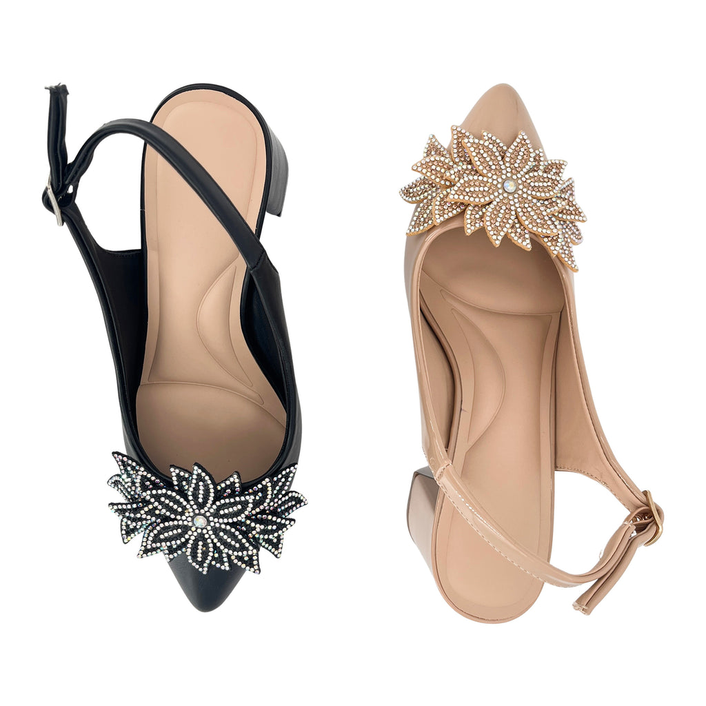 Bombas de tacón grueso con pulsera en piel charol y broche de flor de cristal para mujer | Tacones al por mayor para ocasiones | Varios colores | Tallas EU 35–41