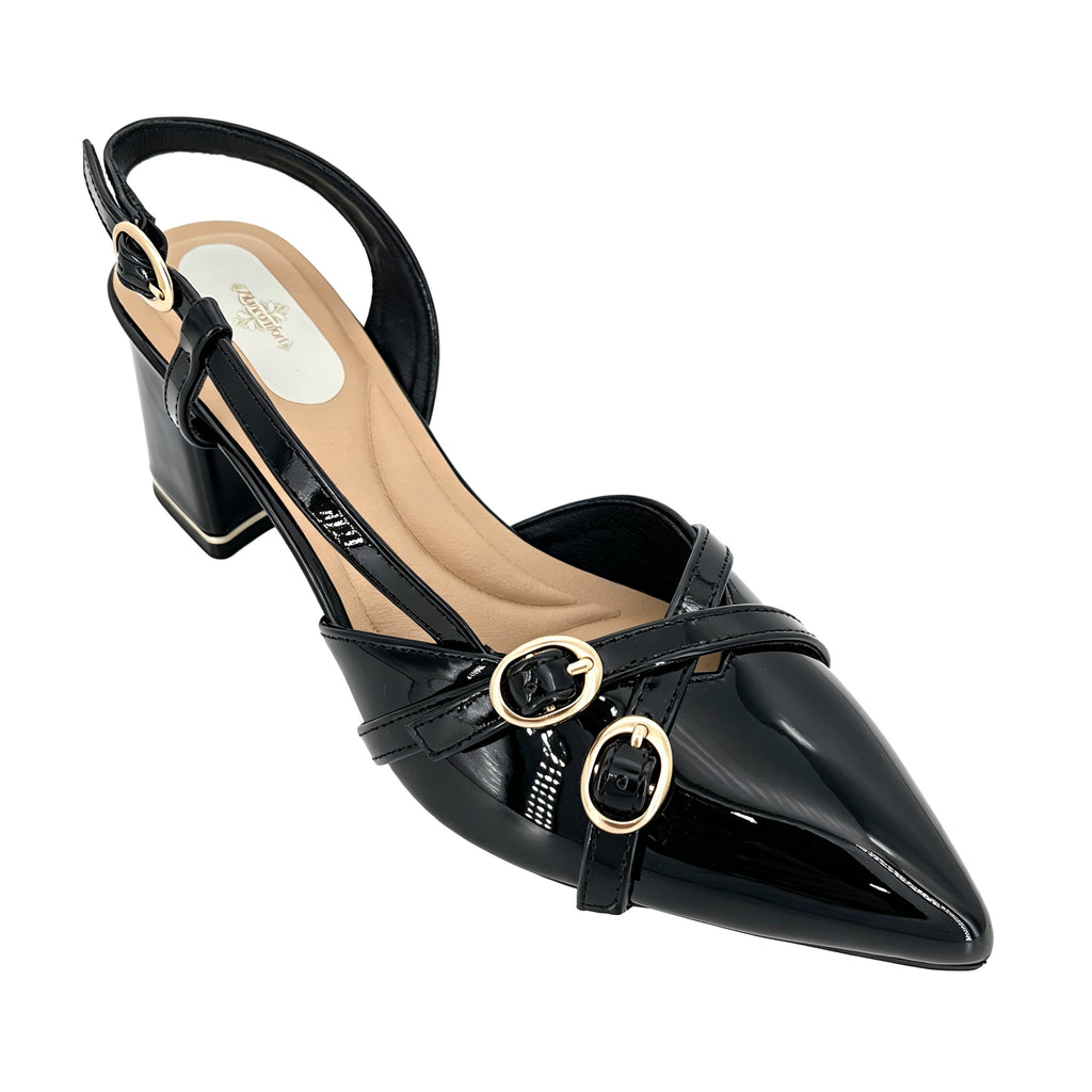 Zapatos de tacón medio con doble hebilla cruzada y pulsera trasera para mujer, charol | Venta al por mayor | Multicolor | Tallas EU 35–41